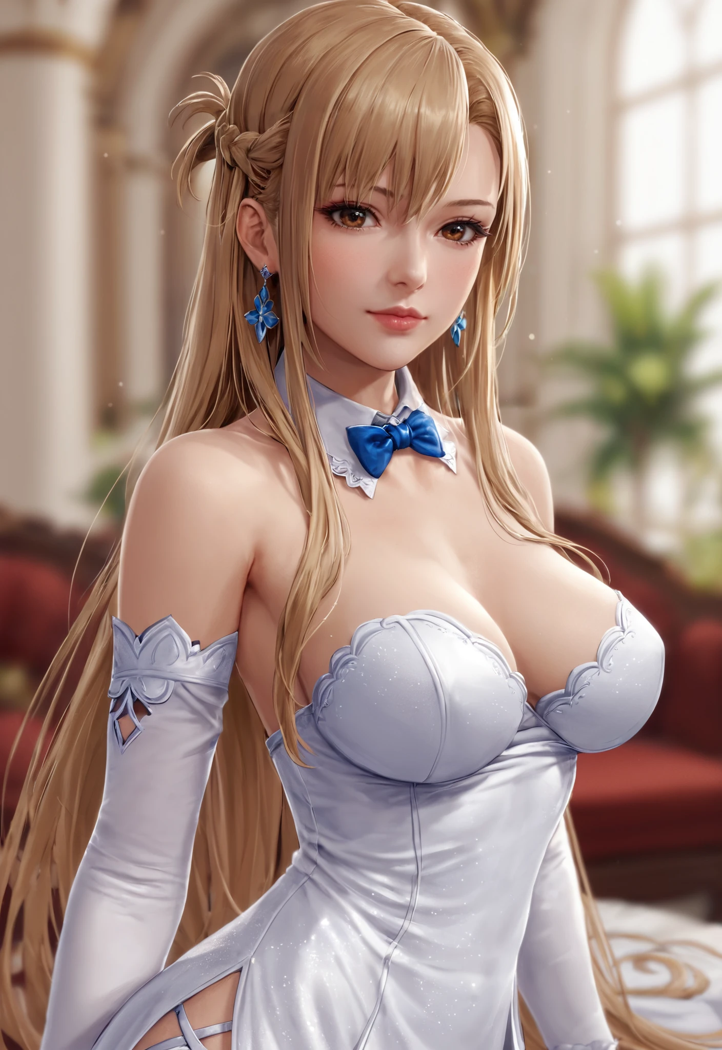 score_9, score_8_up, score_7_up, i want the whole image to be created in 3D anime style, 1girl, solo, long hair, breasts, looking at viewer, bangs, blonde hair, dress, hair between eyes, bare shoulders, brown eyes, jewelry, medium breasts, very long hair, closed mouth, upper body, braid, earrings, detached sleeves, white dress, blurry, lips, detached collar, depth of field, blurry background, realistic, asuna (sao)