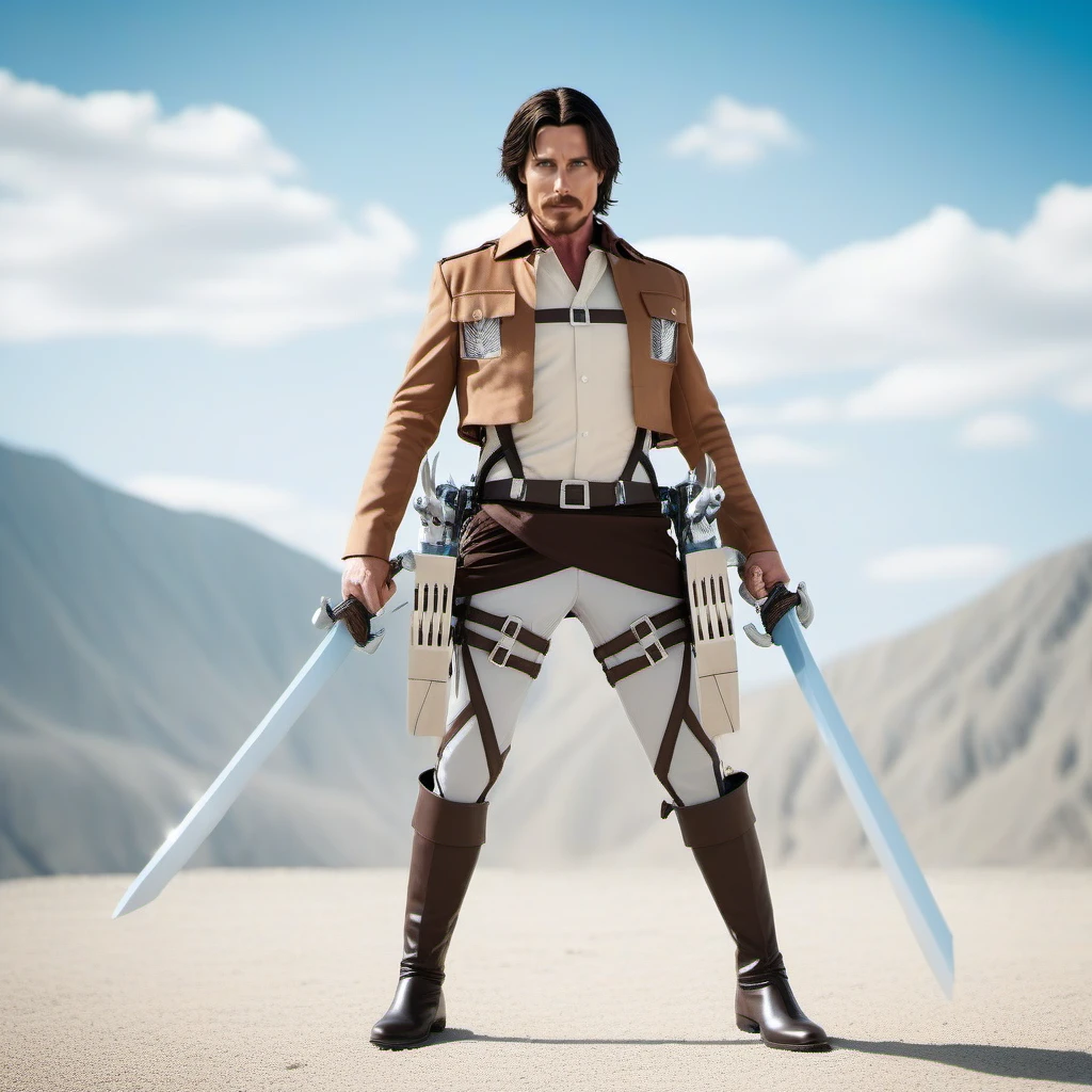 cinematic photo full body christian bale in a costume, holds two swords, attack on titan  <lora:AoT1024:0.8> . 35mm photograph, film, bokeh, professional, 4k, highly detailed