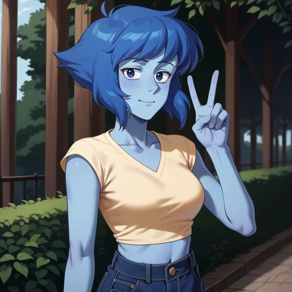 lapis_lazuli_lora lapis_sfw sfw, 1girl, blue hair, lapis lazuli \(steven universe\), steven universe, rating_safe, wholesome, INFP, introvert creative individualistic, perfect hands v peace sign, outdoors, solo, looking at viewer, breasts, slim slender, blue skin, colored skin,source_anime, anime, score_9, score_8_up, score_7_up, score_6_up