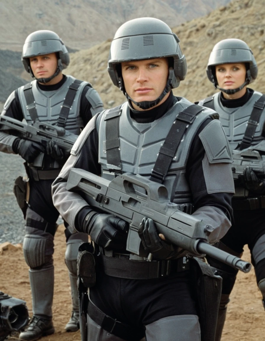 professional high resolution photograph, <lora:AFCD9ACB2E:0.6> A group of people wearing a Starship-trooper-uniform-with-helmet and holding a Starship-Trooper-Rifle, scene from a movie, promotional still, promo still, detailed skin texture, realistic, <lora:add-detail-xl:1>