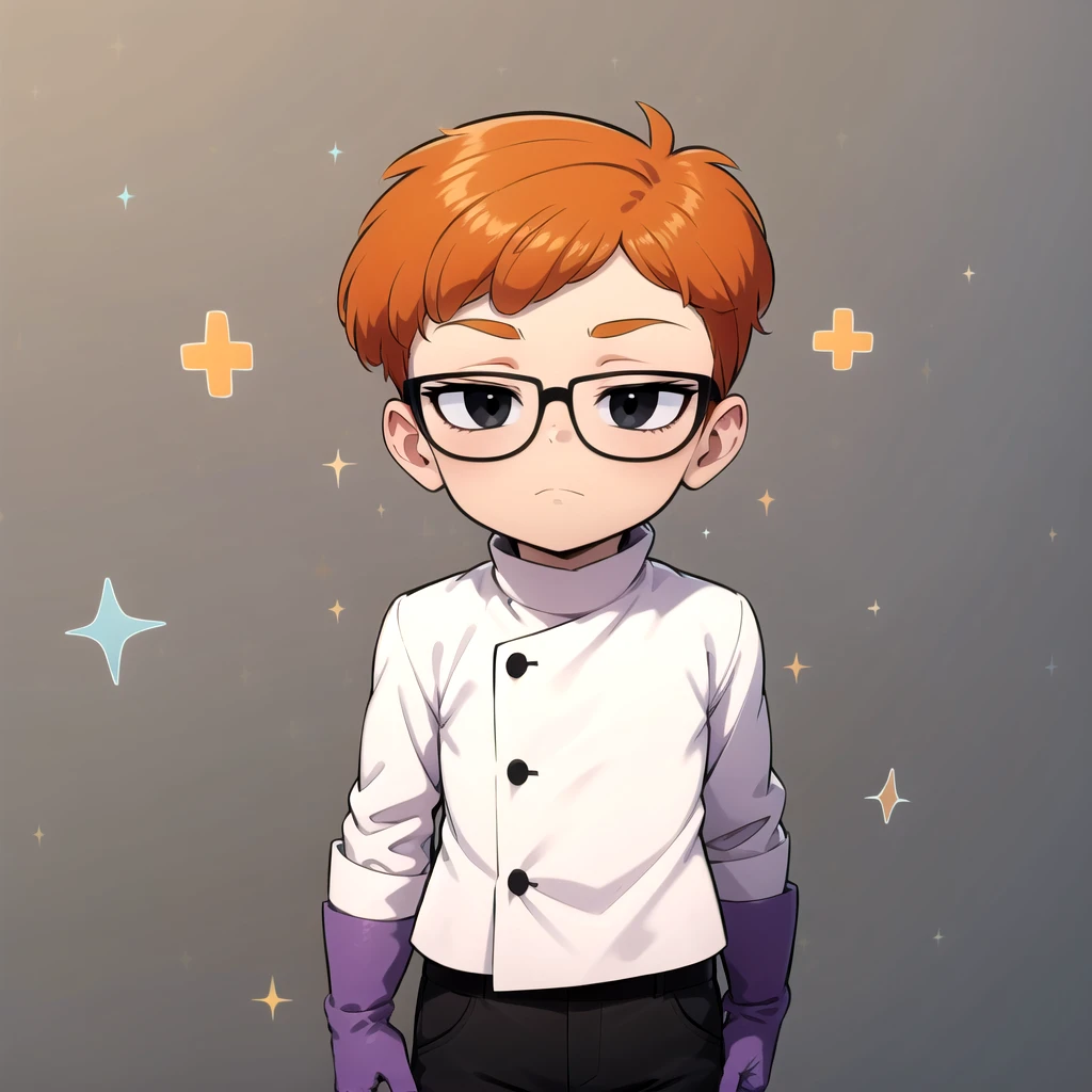 1boy, solo, Dexter,  orange hair, black eyes, glasses, white coat ,  black pants, purple gloves ,child,     <lora:Dexter_DexterLab_Leaf2:0.8>, cowboy shot, looking at viewer,  grey background, sparkle,