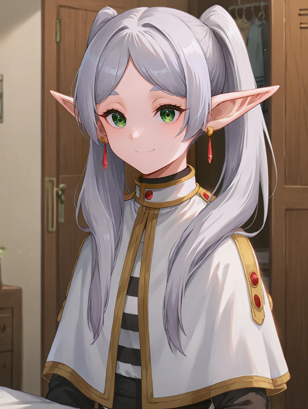 namagome negi, by namagome negi, smile, closed mouth, smirk, upper body, <lora:Frieren_Frieren_XL:0.8> frieren, 1girl, long hair, twintails, green eyes, grey hair, pointy ears, elf, shirt, long sleeves, jewelry, pantyhose, earrings, striped, black pantyhose, capelet, striped shirt,, <lora:9_Detail_Tweaker_XL:0.8>, score_9, score_8_up, score_7_up, source_anime, masterpiece, best quality, highly detailed background, cinematic lighting, detailed eyes, perfect face,, lazy, teenager room, messy, bedroom, bed sheet, closet,