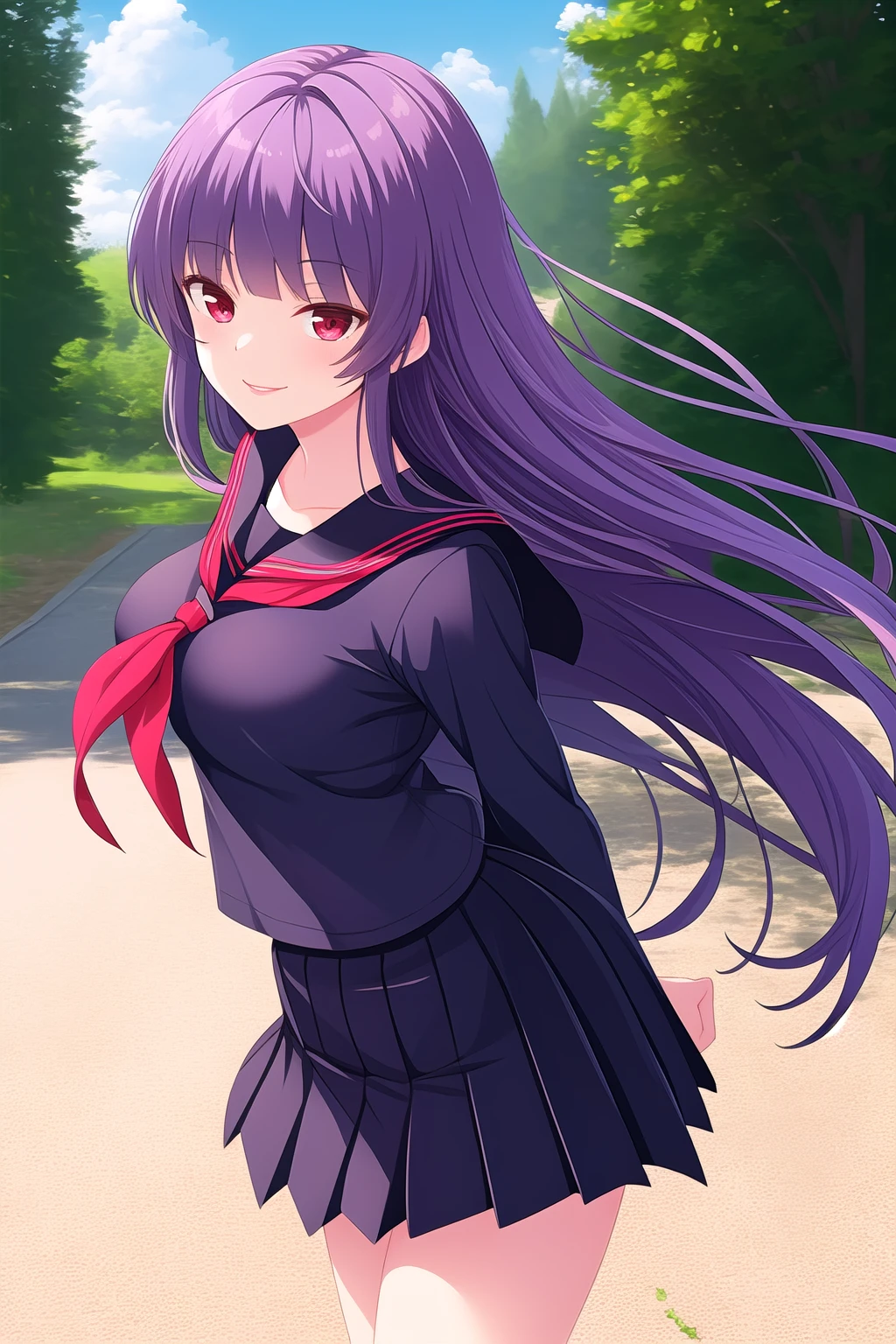 (masterpiece, best quality), highly detailed background, perfect lightingbest quality, kagurazakasaya, solo, outdoors, purple hair, blunt bangs, very long hair, red eyes, medium breasts, black serafuku, black shirt, sailor collar, red neckerchief, long sleeves, black skirt, pleated skirt, school uniform, smile, closed mouth, pink lips, <lora:Kagurazaka-Saya:0.7>