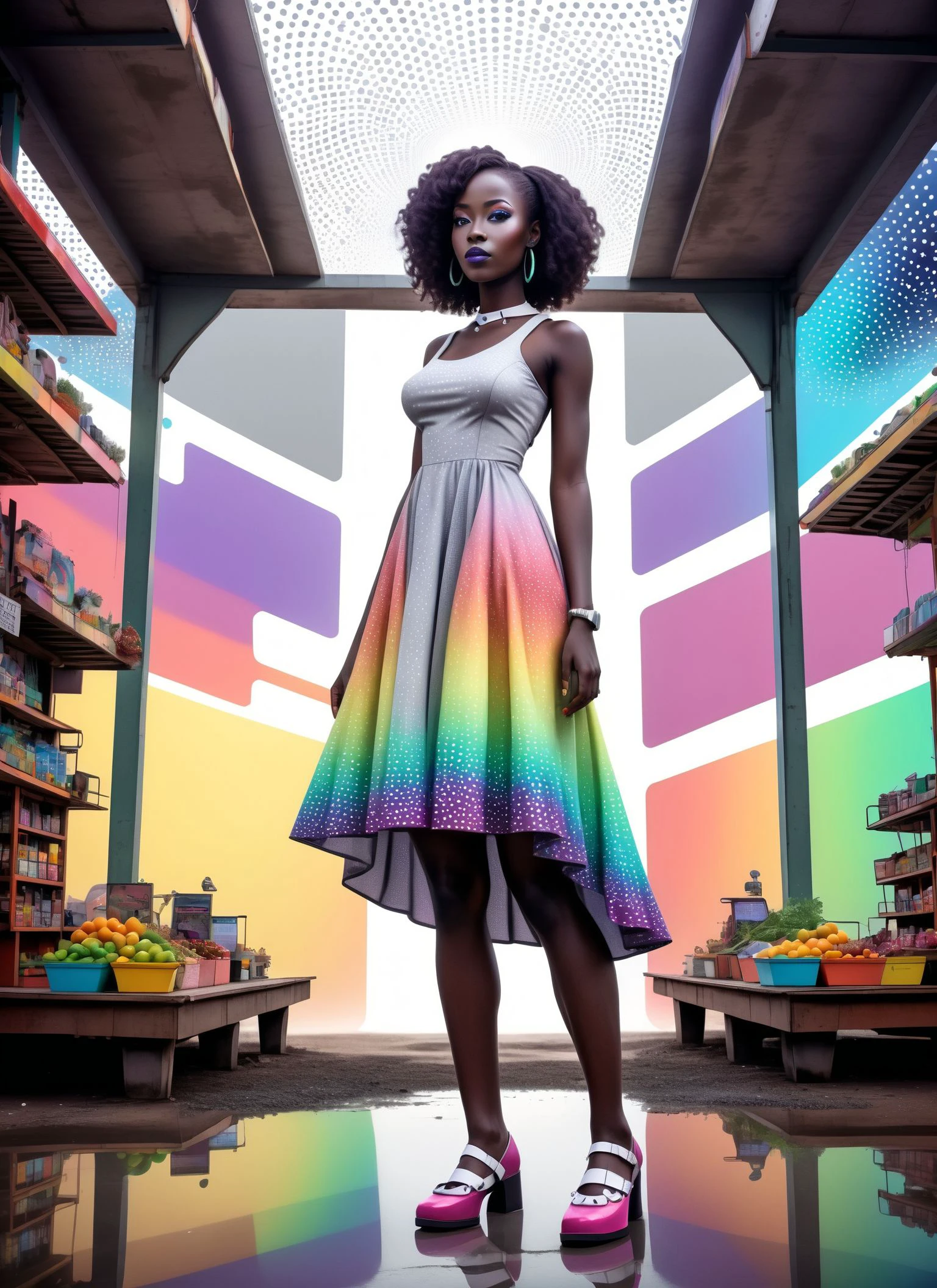 Wide angle animecore Technical illustration, (Senegalese Sci-fi Futuristic Woman:1.2), Projected text lighting, Enhanced contrast and HDR, (Rectangular Hourglass:1.3), Matte Gray Rainbow Ombre, Retro Polka Dot Swing Dress, (Mary Jane Shoes:1.2), Floating Markets backdrop, Dynamic colors