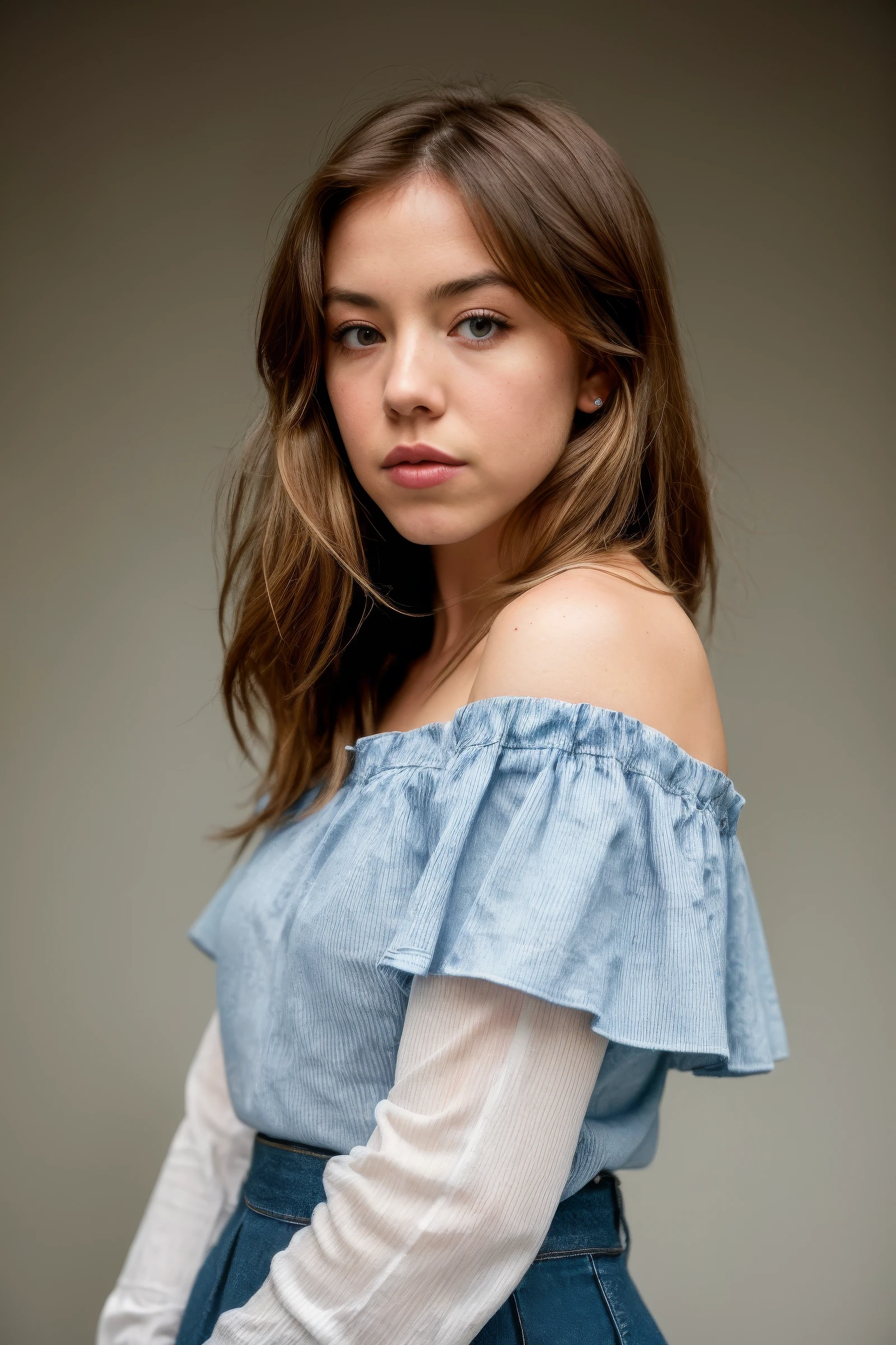 (sydsw33n3y_TI:0.95), pinhole photography photo of a woman, (striped off-the-shoulder blouse with denim skirt), group profile, under overcast lighting, negative space, shot on a Canon EOS 5D