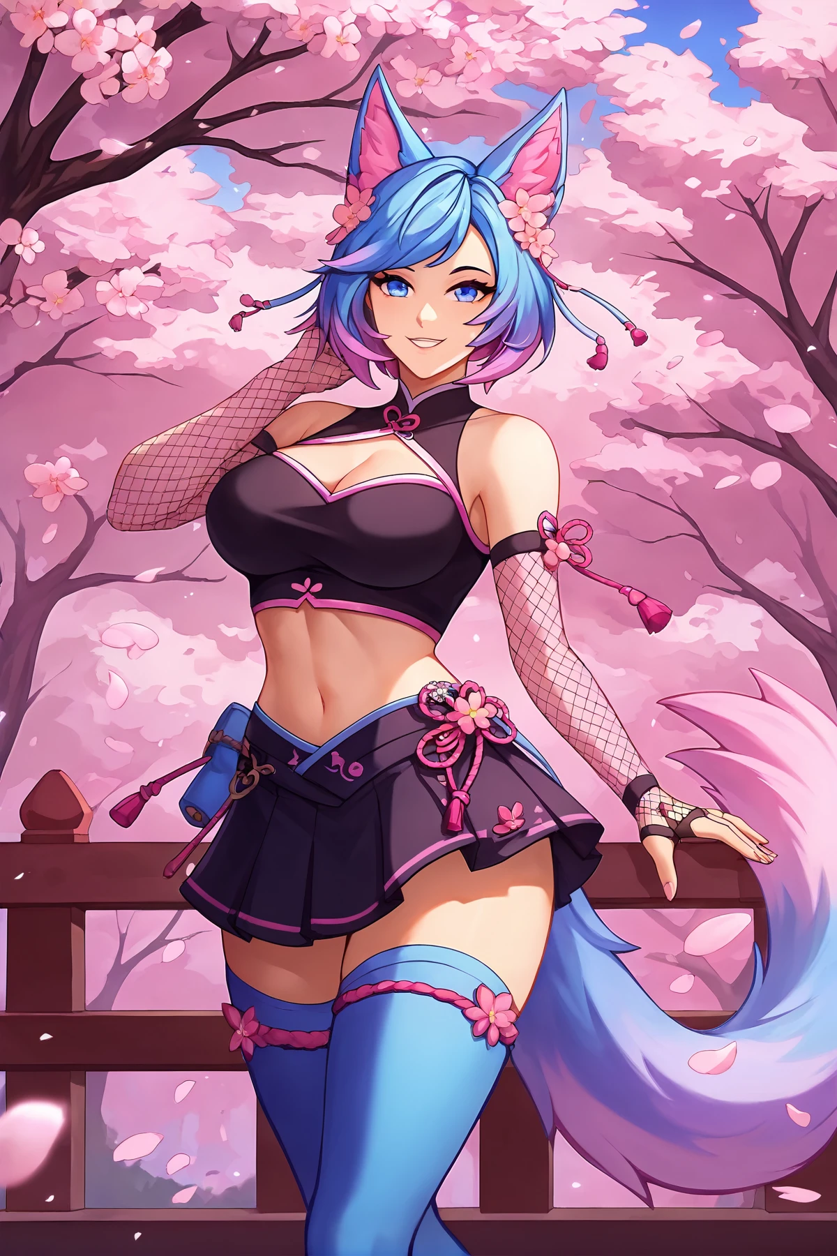 score_9, 
<lora:silvervale_v1_lite:0.9>, silvervale, 
black crop top, black skirt, fishnet gloves, blue thighhighs, pink thighhighs, 
smile, 
standing, cherry blossoms, 
1girl, solo, 
high resolution, Masterpiece