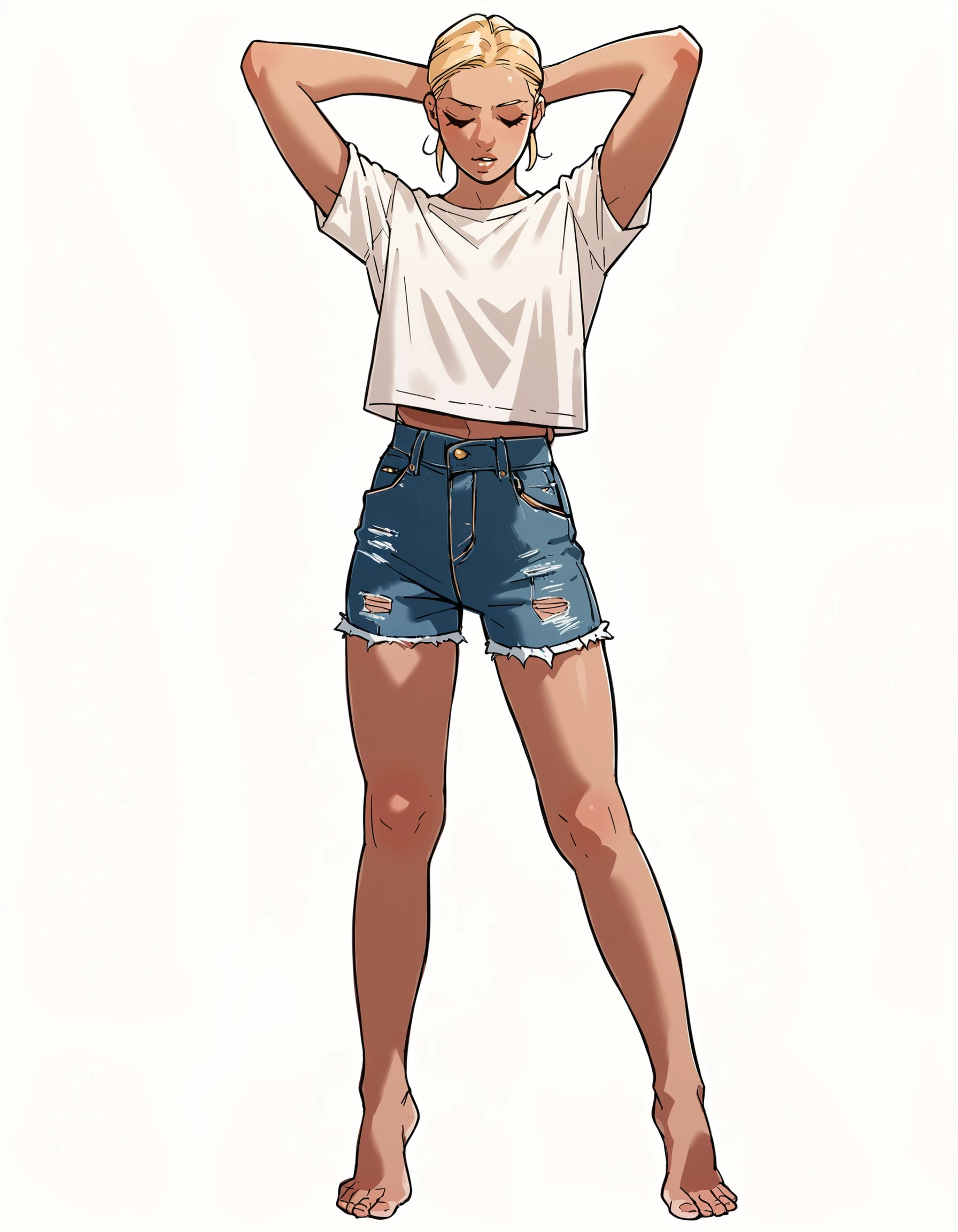 score_9, score_8_up, score_7_up, score_6_up, score_5_up, score_4_up, beautiful woman, white background, lineart, source_anime, smooth outline, blonde hair, white shirt, denim shorts, arms behind head, standing, legs apart, full body, barefeet, tiptoes, looking down, parted lips, closed eyes, from side