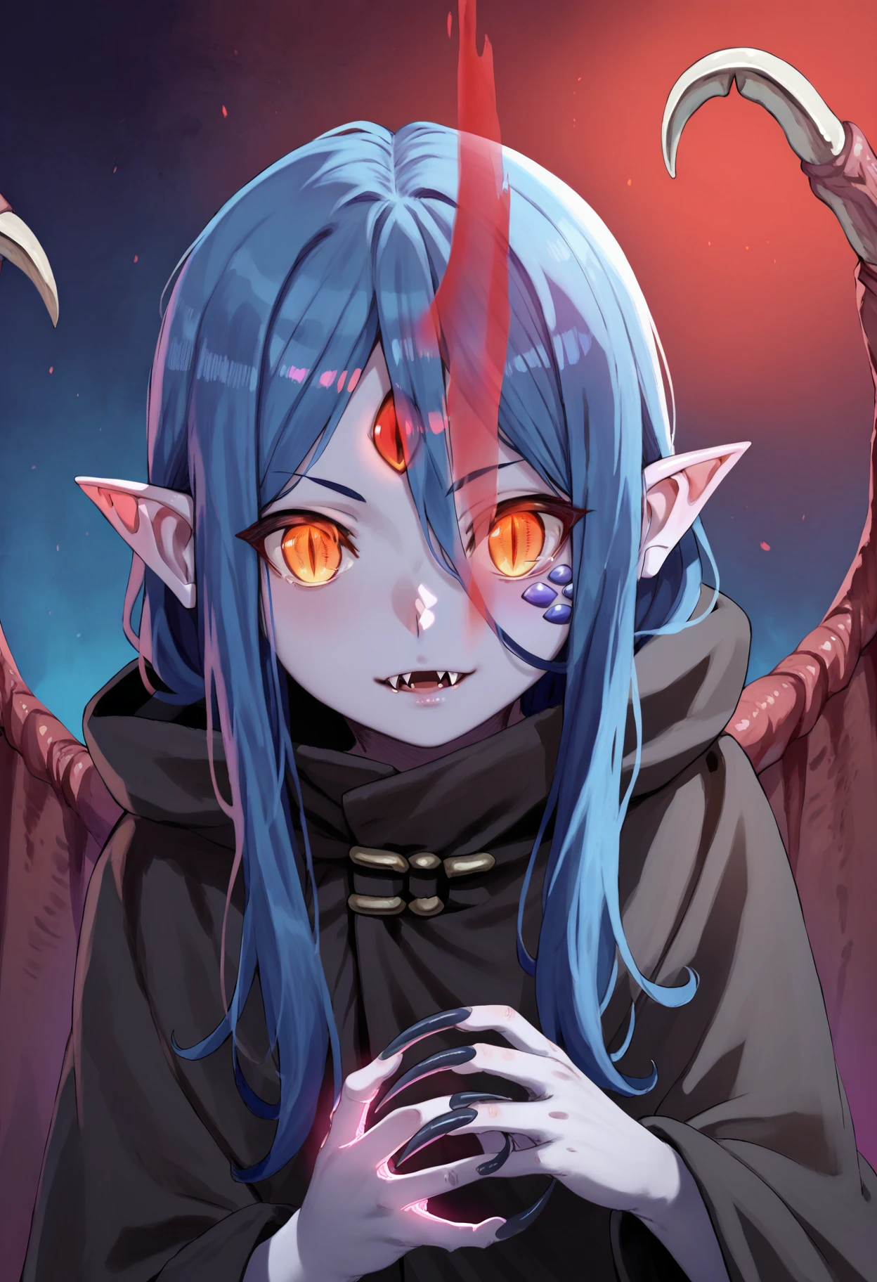 1girl, wiene, solo, slit pupils, monster girl, pointy ears, blue skin, white skin, standing, <lora:wiene_ponyxl_v1:0.9>, black cloak, hooded cloak, claws, teeth, fangs, glowing eyes, wings, single wing, dark, night, aura, red aura, contrast, chromatic aberration
BREAK
score_9, score_8_up, score_7_up, score_6_up, anime, rating_safe, <lora:fiz-rot_pony_v3:0.4>, fizrotart, glowing eyes, (fumihiko \(fu mihi ko\):0.5), BREAK
(high quality, detailed, beautiful), shiny, detailed beautiful eyes, outstanding, countershading, detailed soft lighting