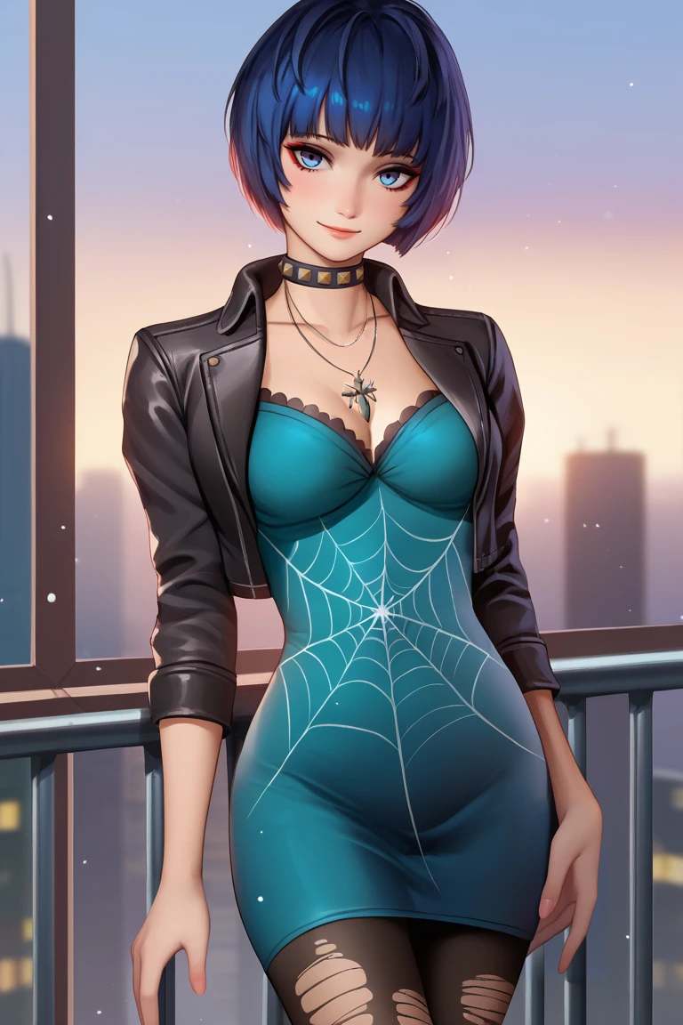 score_9, score_8_up, score_7_up, BREAK, <lora:liangxing-guy-PONYv1:1>, 1girl, solo, light particles, depth of field, breasts, <lora:zs_TakemiXL:0.95>takemicasualp5, short hair, bob cut, black hair, blue hair, choker, necklace, leather jacket, blue dress, spiderweb, ripped pantyhose, makeup, eyeliner, indoors, skyscraper, window, railing, tokyo tower, looking at viewer, seductive smile,