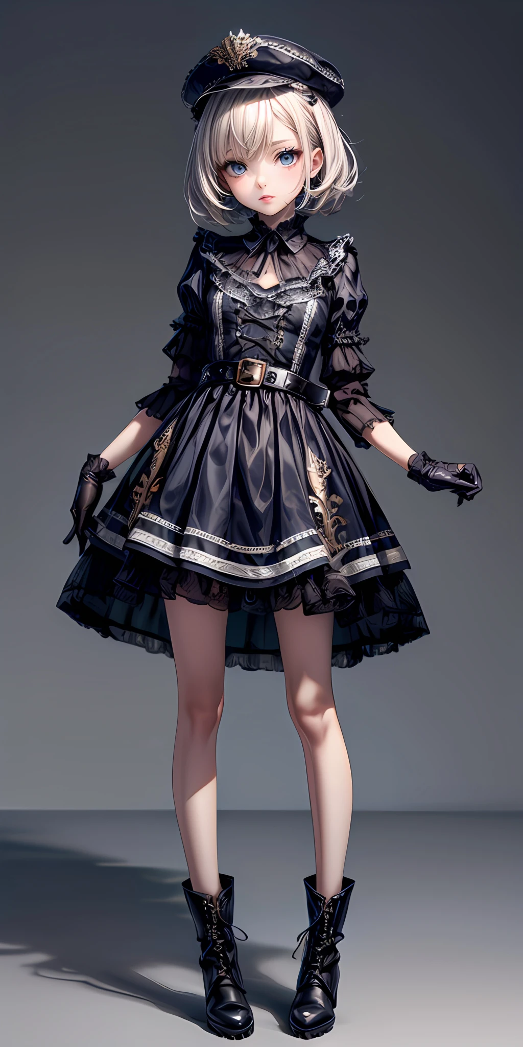 (masterpiece,ultra-detailed,best quality,8K,CG,illustration,shaved:1.0),(ite girl:1.0) <lora:more_details:1>,simple background
<lora:military uniform v1.0:0.6> jyojifuku, m dress,hat, belt, gloves, boots