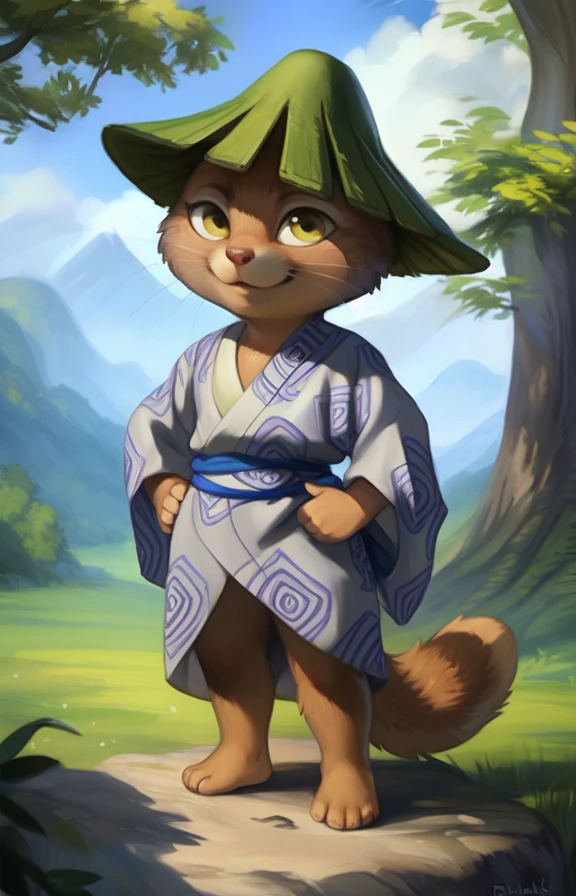 KawausoGeKi  <lora:KawausoGeKi:0.8> [road, earth, forest, trees, sky, clouds, mountains,]     kimono, green hat, blue belt, yellow eyes, brown fur, Yukata,  chibi , tail,
blue textured fur, solo,  looking at viewer, to his full height,  (beautiful, aesthetic, perfect, delicate, intricate, masterpiece, )  (Hands on hips, standing,)
by Floris van Dyck, by Anna Razumovskaya, by Pino Daeni, by Ulitochka, by Ruan Jia