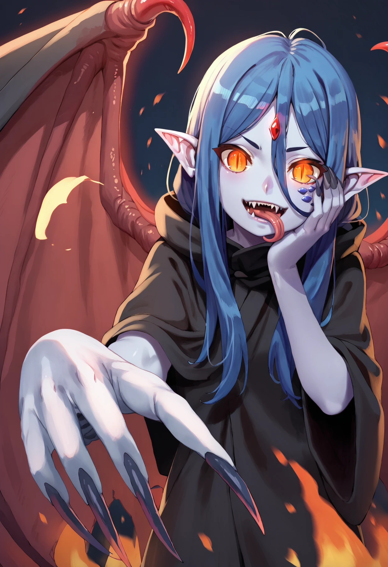 1girl, wiene, solo, slit pupils, monster girl, pointy ears, blue hair, blue skin, white skin, standing, <lora:wiene_ponyxl_v1:0.9>, black cloak, hooded cloak, claws, long claws, very long claws, teeth, fangs, glowing eyes, wings, single wing, dark, night, aura, red aura, contrast, chromatic aberration, evil laugh, hands on own face, fire, fire in the background, magical, long tongue, tongue out
BREAK
score_9, score_8_up, score_7_up, score_6_up, anime, rating_safe, <lora:fiz-rot_pony_v3:0.4>, fizrotart, glowing eyes, (fumihiko \(fu mihi ko\):0.5), BREAK
(high quality, detailed, beautiful), shiny, detailed beautiful eyes, outstanding, countershading, detailed soft lighting