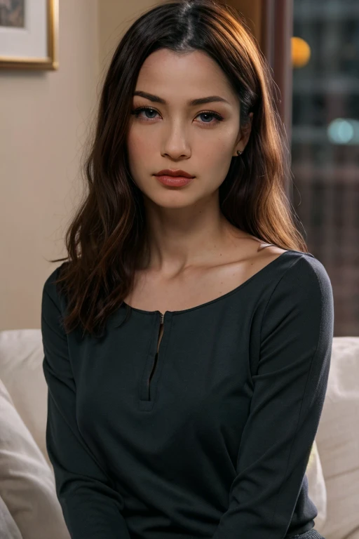 A woman <lora:AlleyB:1> sits elegantly, turned slightly left, her right hand on her left shoulder, drawing focus to her face. Her hair is in loose waves, enhancing her glamour. She wears a black long-sleeved blouse with cut-outs, her makeup highlighting her eyes and lips. Her upward gaze is contemplative, set against a warm, bokeh-lit, cozy, upscale backdrop.. epiCRealism SkinDetail, 8K, HDR, Highly detailed, fill lighting, natural lighting, medium shot
