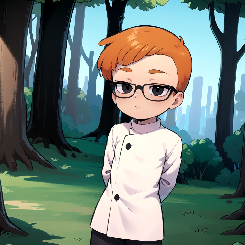 1boy, solo, Dexter,  orange hair, black eyes, glasses, white coat ,  black pants, purple gloves ,child,     <lora:Dexter_DexterLab_Leaf2:0.8>, cowboy shot, looking at viewer,  forest, arms behind back,