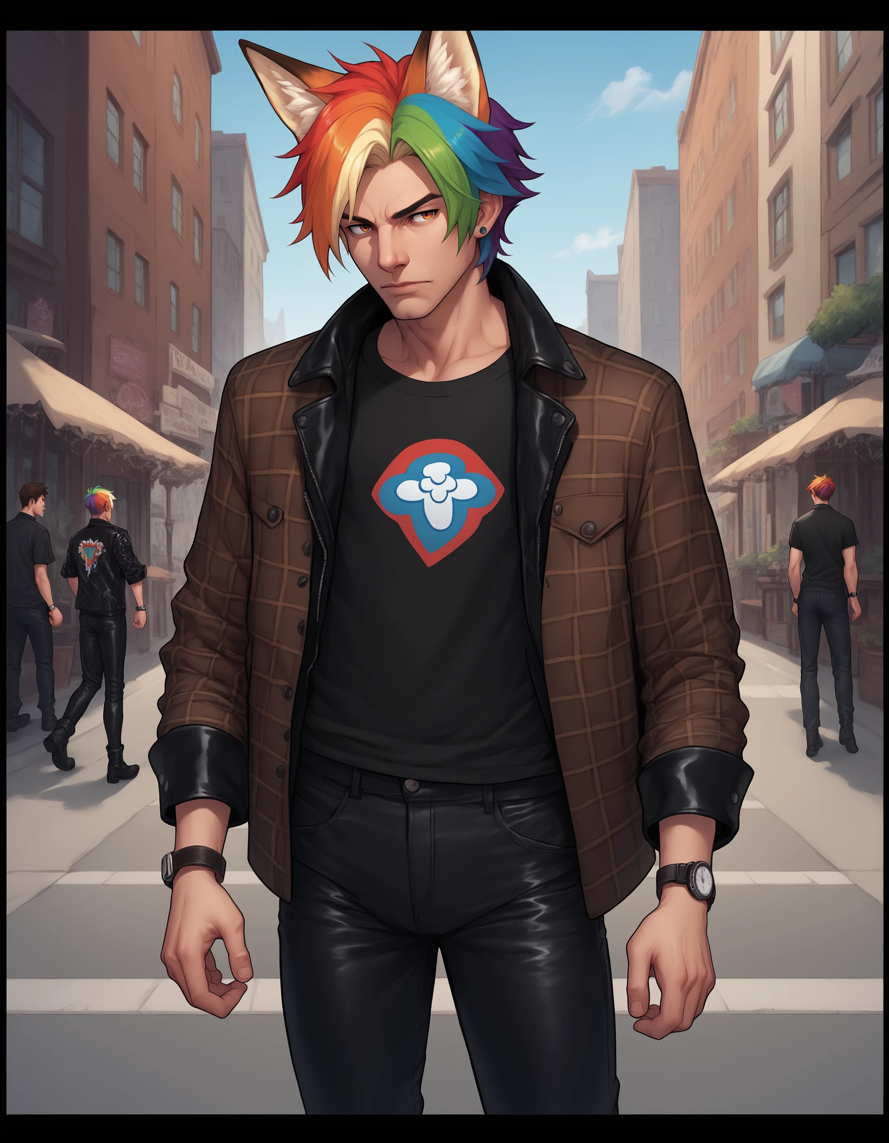 1boy, male focus, femboy vibes, pale skin, american, long hair, fluffy hair, two tone hair, red hair, black hair, hooded jacket, tshirt, portrait, upper body, tattoos, friendly, smirk, clean shaven, city background, best illustration