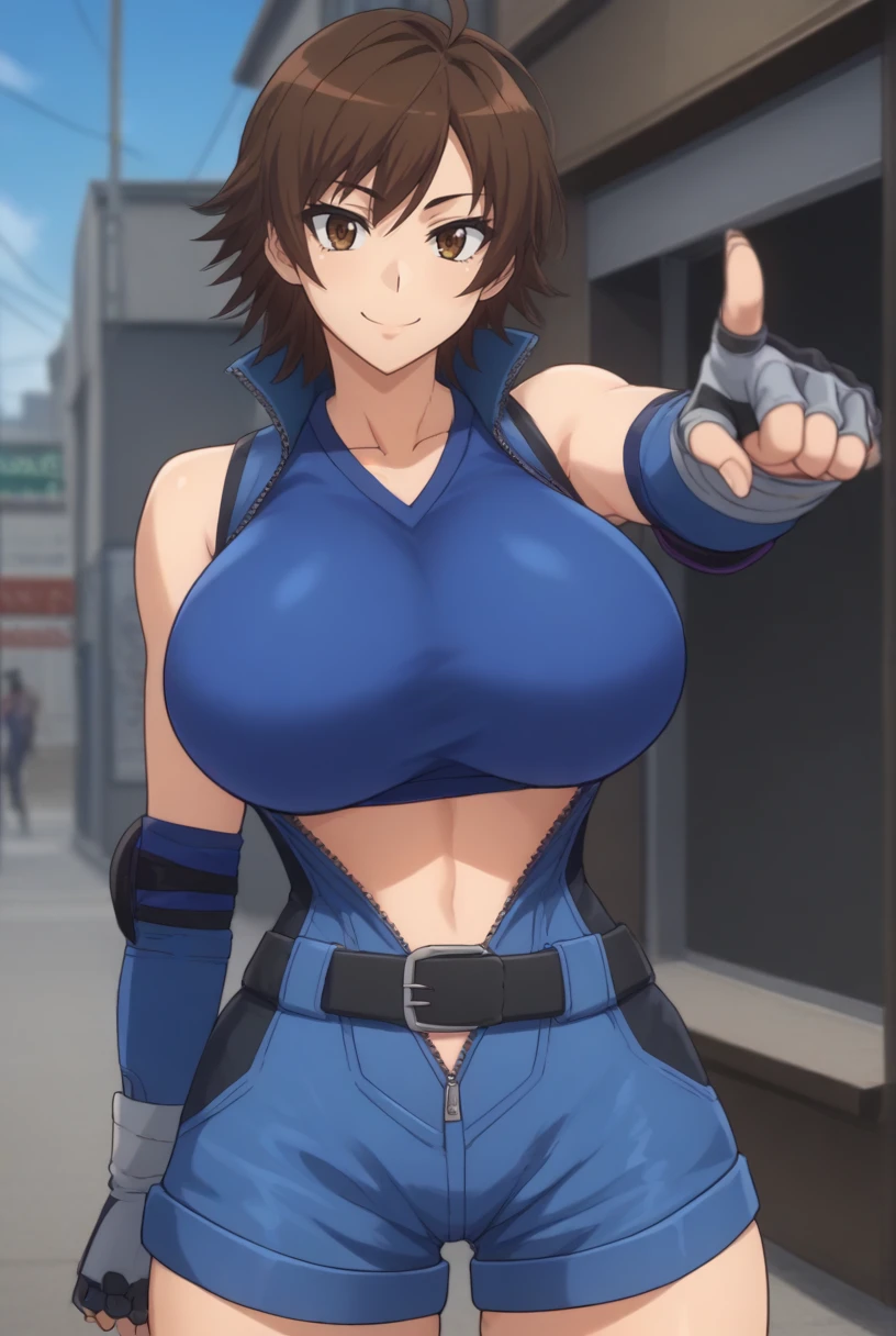 score_9, score_8_up, source_anime, solo, 1girl, cowboy shot, looking at viewer, cowboy shot, 
<lora:AsukaPdxlDwnsty:1>,brown eyes, short hair, brown hair, blue jumpsuit, unzipped, sports bra, zipper, elbow gloves, fingerless gloves, elbow pads, shorts, black belt <lora:DXD_Hero_Style-000006:1>,
huge breasts, smile, pointing at viewer, 
outdoors, streets, window, blue sky,