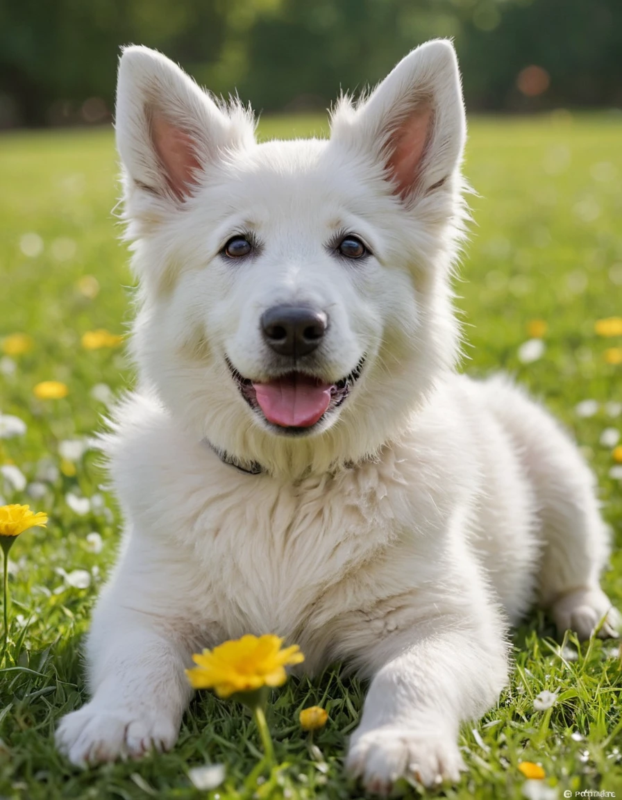 (best quality,highres,masterpiece:1.2),ultra-detailed,realistic,snowy landscape,white Swiss Shepherd puppy,1-year-old,female,fluffy fur,detailed eyes and nose,cute and playful expression,rolling green lawn,colorful flowers,bright and sunny day,portraits,soft pastel colors,natural lighting