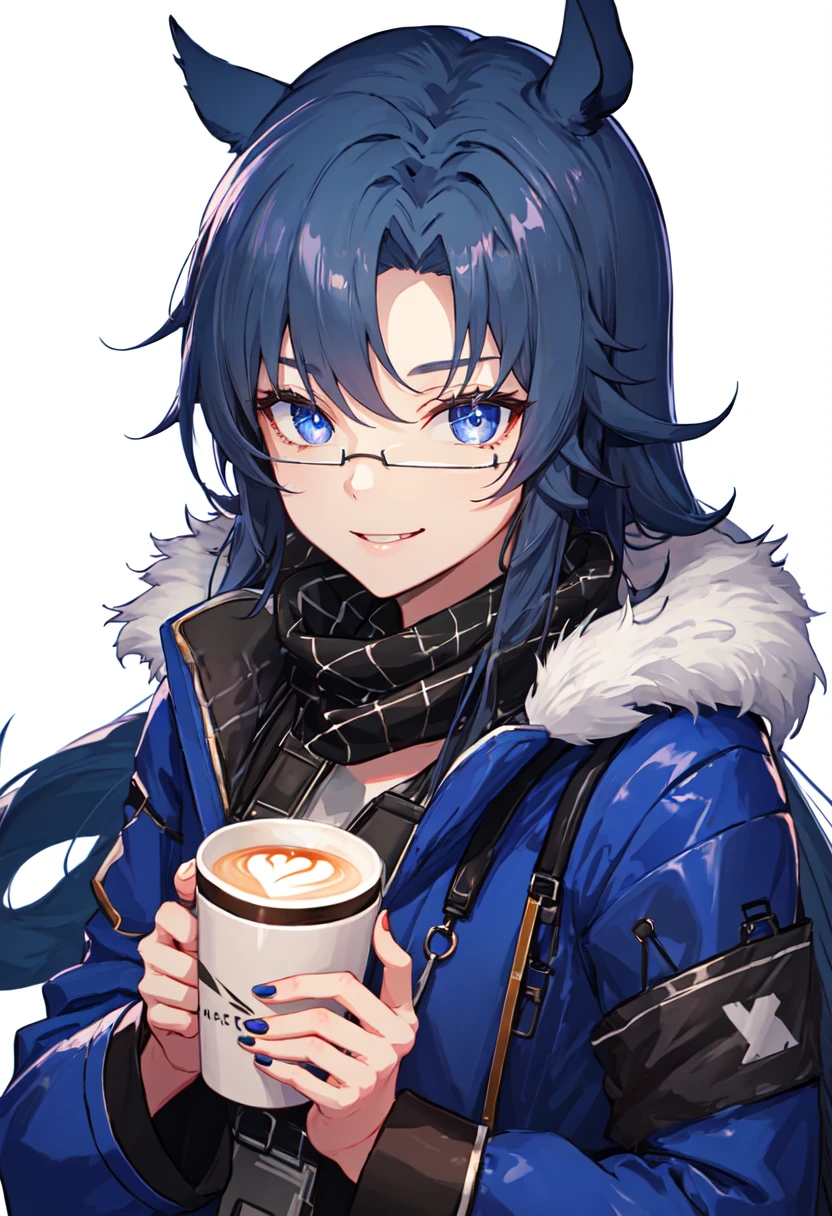 best quality, masterpiece, highres, solo, (fang_arknights:1.10), 1girl, blue jacket, long sleeves, black scarf, looking at viewer, holding cup, smile, coffee cup, upper body, closed mouth, nail polish, fur-trimmed jacket, simple background, white background, official alternate costume, 0 <lora:fang_arknights:0.80>