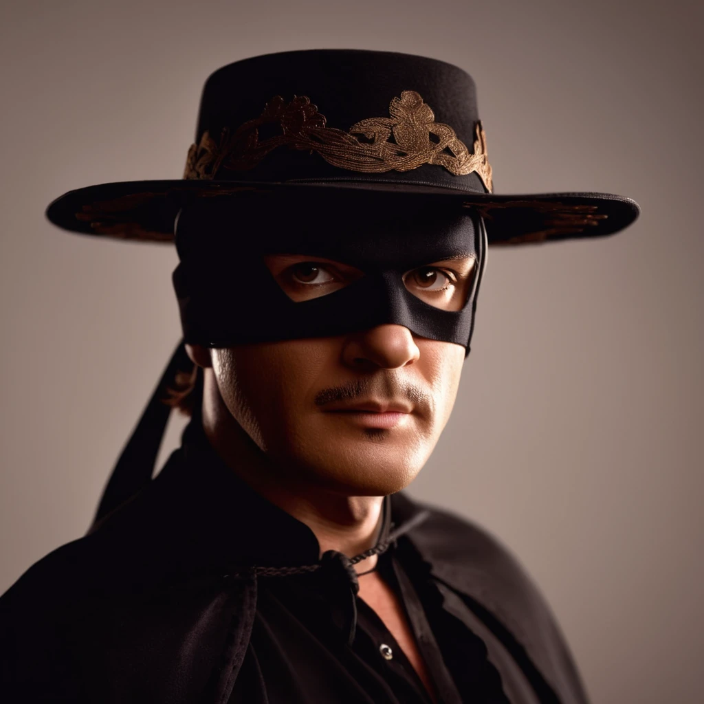 cinematic film still of  <lora:Zorro:1>
Zorro a man in a black hat and black cloak,solo,looking at viewer,simple background,1boy,hat,white background,brown eyes,sitting,male focus,mask,realistic , realistic, realism, photorealism, hyperrealism, hyperrealistic, realistic, sharp, detailed, cinematography style, film light style, movie still,  professional photography, artistic, perfection, contrast, cinematic, filmic, high quality photo,  8k quality, colorful, photography style, zorro style, shallow depth of field, vignette, highly detailed, high budget, bokeh, cinemascope, moody, epic, gorgeous, film grain, grainy