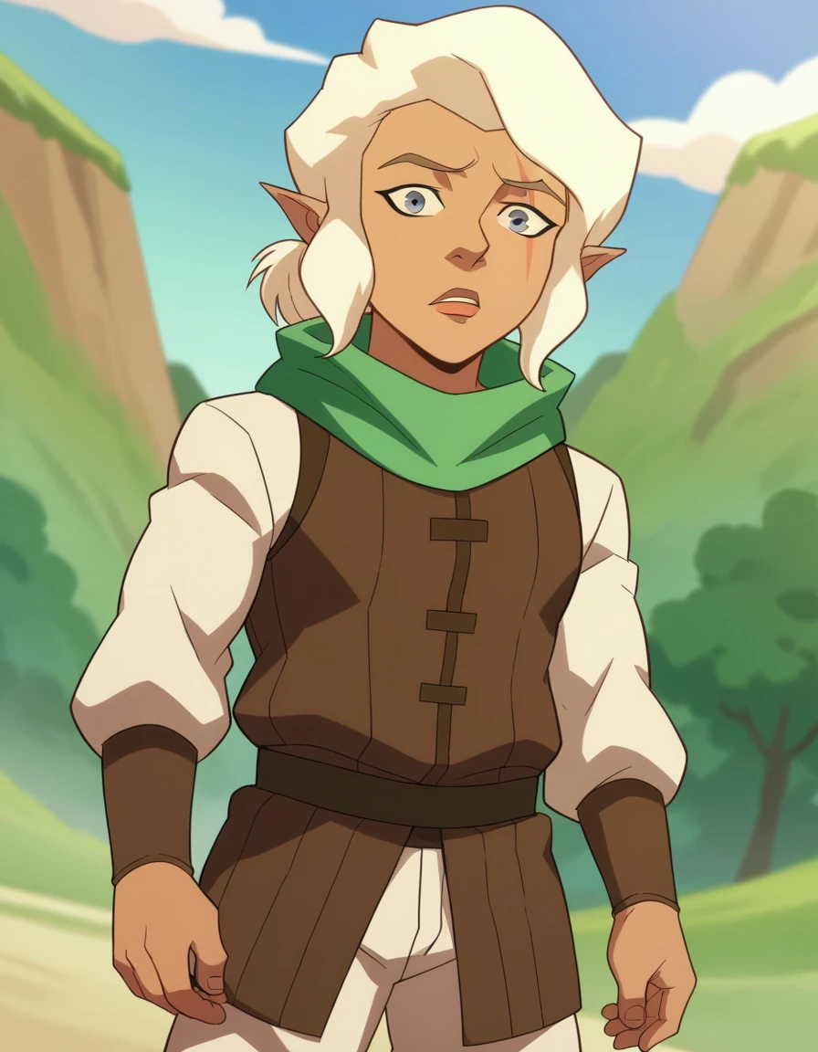 score_9, score_8_up, score_7_up, source_anime,
piketrickfoot, <lora:pike-trickfoot-ponyxl-lora-nochekaiser:1>,
pike trickfoot, white hair, pointy ears, dark skin, grey eyes, scar, scar on face, scar across eye,
scarf, green scarf, boots, pants, white pants,
outdoors,
looking at viewer, dutch angle, cowboy shot,