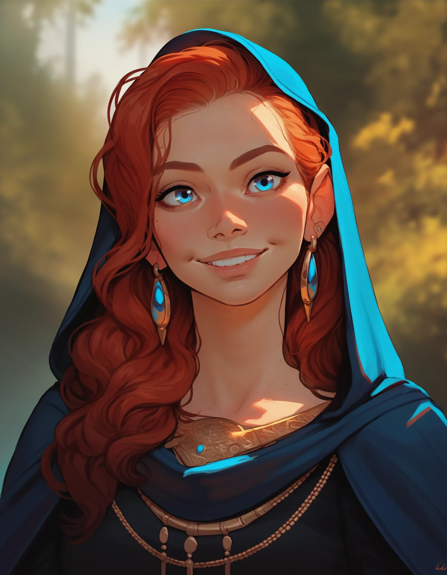 1girl, female, solo, portrait, face closeup,
red hair, blue eyes, long hair, eye contact, smile,
looking at viewer, outdoors, blurred background,
beautiful, regal, clothing, blue cloak, gold inlay, earrings,
BREAK
score_9, score_8_up, score_7_up, score_6_up, score_5_up, score_4_up, source_cartoon, rating_explicit,
<lora:incase_style_v3_ponyxl_ilff:1>