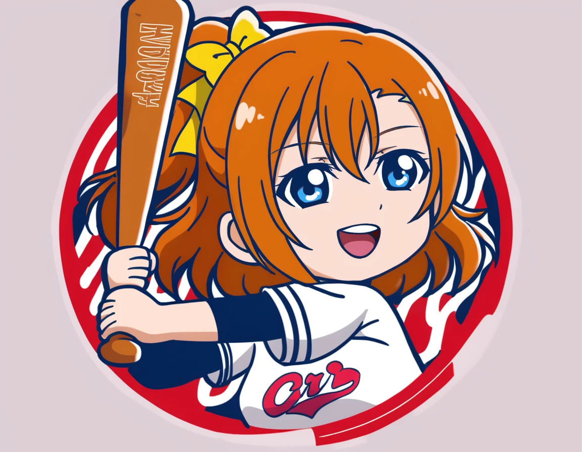 1girl,solo,
kousaka honoka, love live!,blue eyes,
<lora:carpboyXL1:1>,carpboy,
open mouth,smile,
baseball bat,holding,swinging,
 looking at viewer,circle,character name,logo,chibi,white background,simple background,