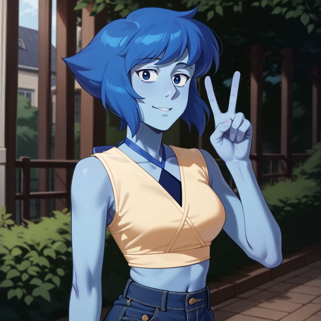 lapis_lazuli_lora lapis_sfw sfw, 1girl, blue hair, lapis lazuli \(steven universe\), steven universe, rating_safe, wholesome, INFP, introvert creative individualistic, perfect hands v peace sign, outdoors, solo, looking at viewer, breasts, slim slender, blue skin, colored skin,source_anime, anime, score_9, score_8_up, score_7_up, score_6_up