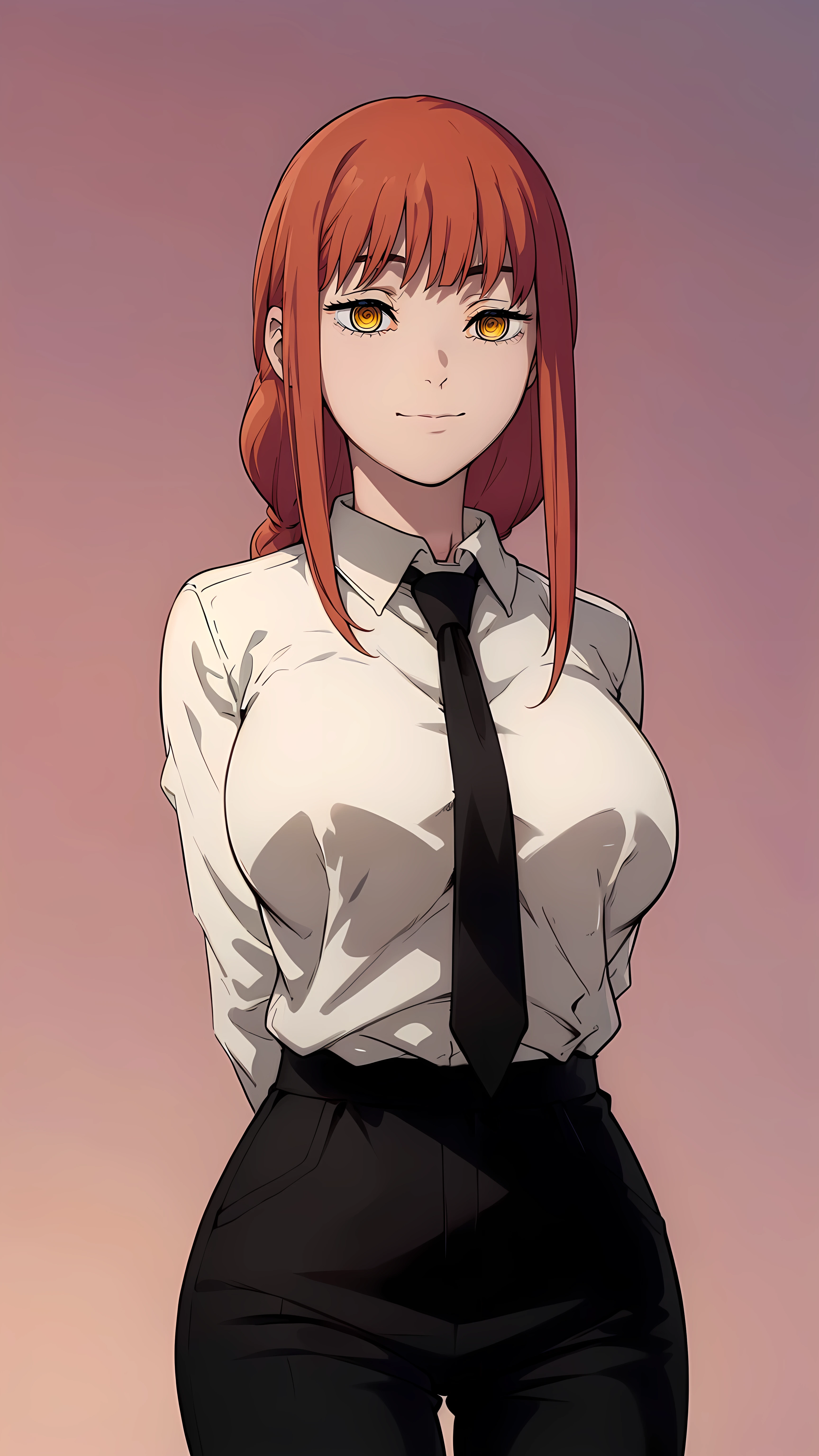 masterpiece, best quality, high resolution, highly detailed, HDR, intricate detail, ultra detailed,
BREAK
<lora:Makima:0.9>_(Large breasts_absolute cleavage_collarbone:1.2)_(yellow eyes_weird eyes_red hair_long hair_fair skin:1.2)_(hime cut_straight short bangs:1.3)
BREAK
(from_below:1.3)_ (cowboy_shot:1.4)( arms behind back:1.5)_ looking_at_viewer_woman
BREAK
(white shirt:1.2),( black pant:1.4),elastic hair tie, necktie,
BREAK
(pastel simple background:1.4)