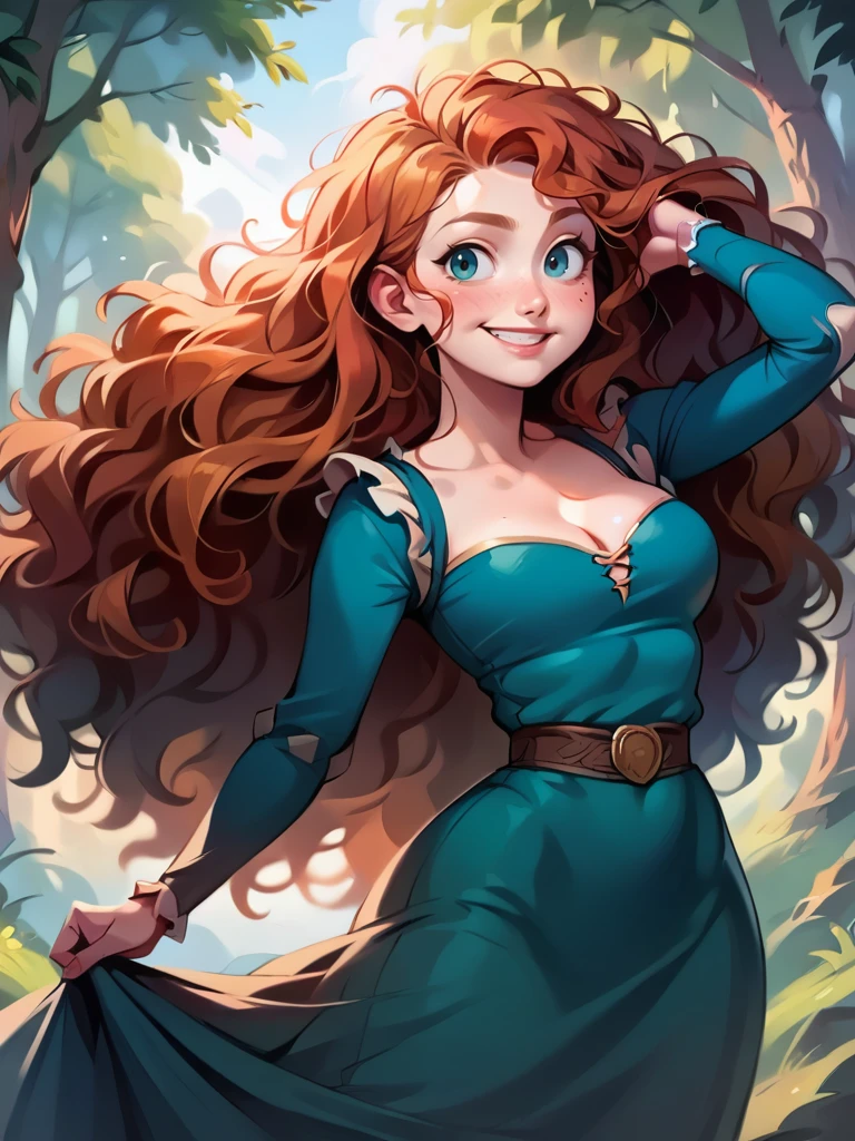 score_9, score_8_up, score_7_up, score_6_up, MeridaXLP, smile, blush, 1girl, dress, long sleeves, long skirt ,cleavage, wavy hair, ponytail, curvy, medium breasts, narrow waist, wide hips, thick thighs, looking at viewer, dynamic angle, cowboy shot, cartoon, dynamic pose, smile, cute, wide shot, realistic, sexy, forest,
<lora:MeridaBraveXLP_Character:1>