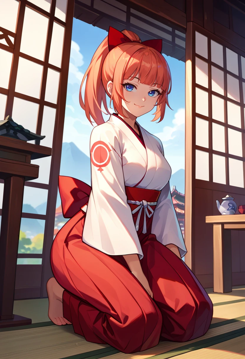 score_9, score_8_up, score_7_up, source_anime, solo, 1girl, rcgkyoko, smile, closed mouth, looking at viewer, kneeling, ponytail, hair bow, red bow, miko, white kimono, wide sleeves, red hakama, hakama skirt, indoors, east asian architecture <lora:rcg_kyoko_ponyXL:1>