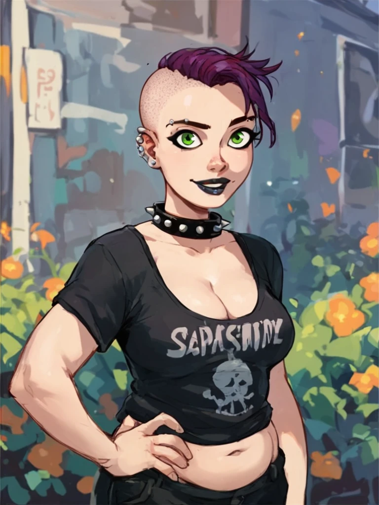 <lora:GermainePony1.0:0.6> germaine, shaved head, purple hair, 1girl, cleavage, green eyes, piercing, plump, eyebrow piercing, spiked collar,t-shirt, black pants, upper body,  black lips,looking at viewer, hand on own hip, smile,outdoors, score_9, score_8_up, score_7_up, score_6_up