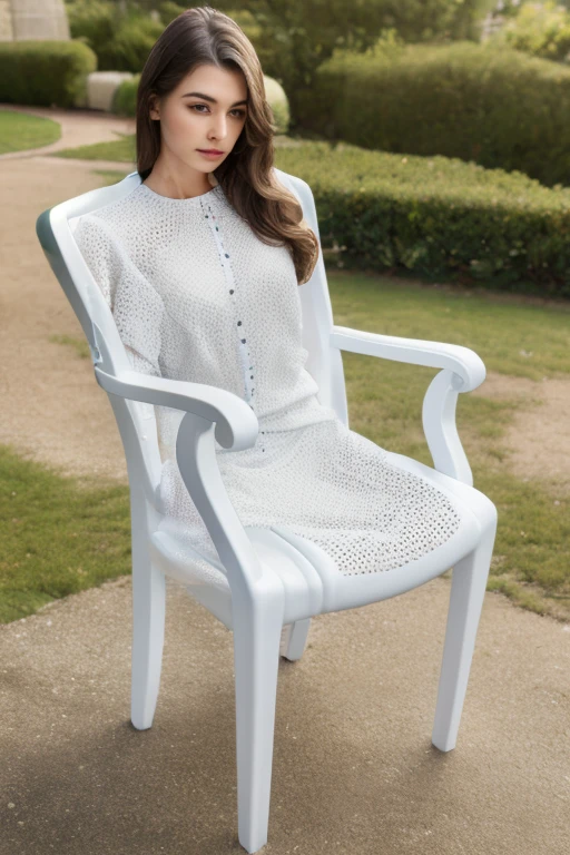 real, (realistic), super detailed, (4k), 8k, 21 year old woman is human chair, no legs, no arms, ch41r_91rl <lora:chair_girl-000004:1>, white plastic chair