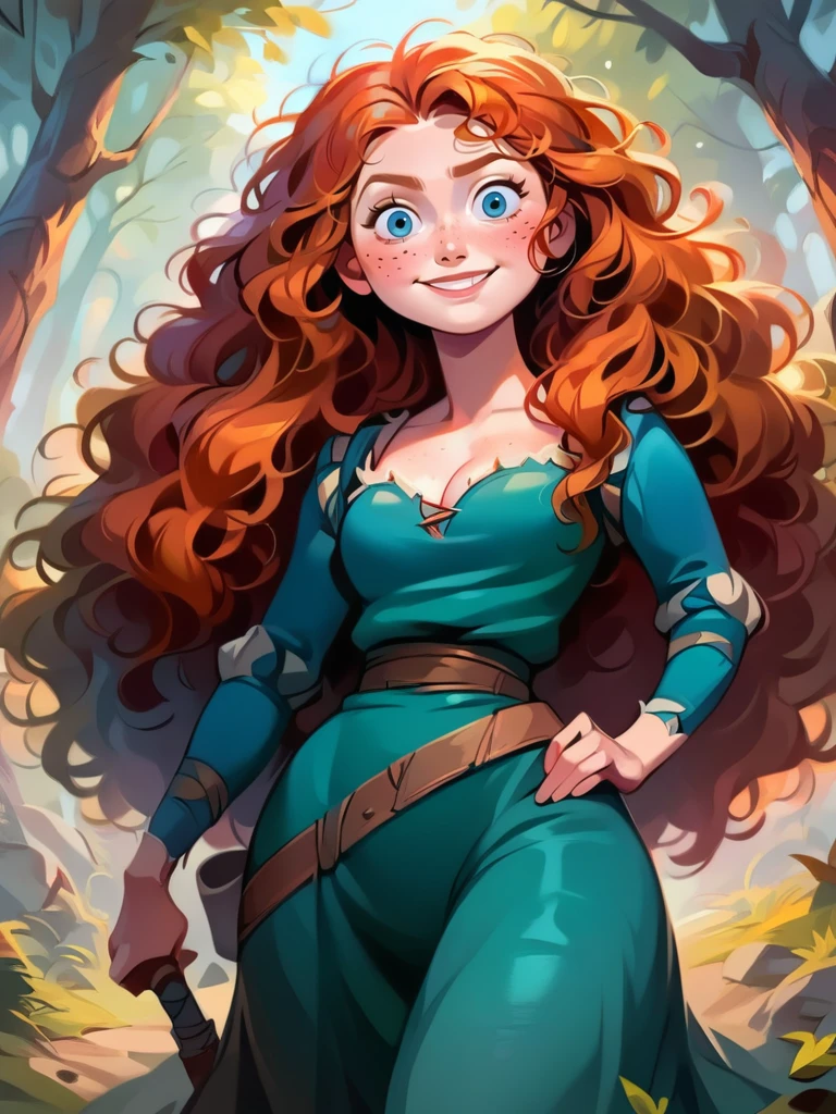score_9, score_8_up, score_7_up, score_6_up, 1girl holding a bow, archer, smile, blush, freckles, green dress, long sleeves, long skirt ,cleavage, wavy hair, ponytail, curvy, medium breasts, narrow waist, wide hips, thick thighs, looking at viewer, dynamic angle, cowboy shot, sexy, forest, disney, (bow:1.2), realistic, realism, pixar,
<lora:MeridaBraveXLP_Character:1>MeridaXLP