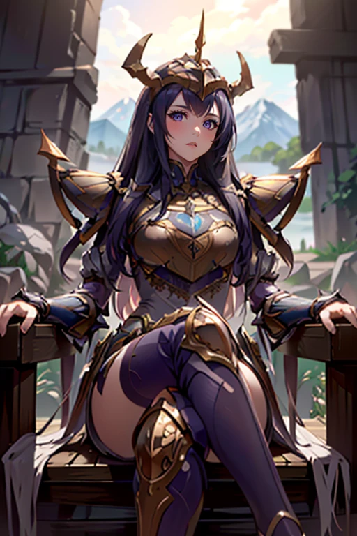 <lora:HXarmour_030:0.8>,mountain,Crossed legs,, hxarmour,1girl,(purple armour:1.3),, ultra-detailed,extremely delicate and beautiful,(by exquisite colors block),masterpiece,best quality,unreal engine 5 rendering, light,movie,movie specffects,detailed details,HDR,UHD,8K,CG wallpaper,