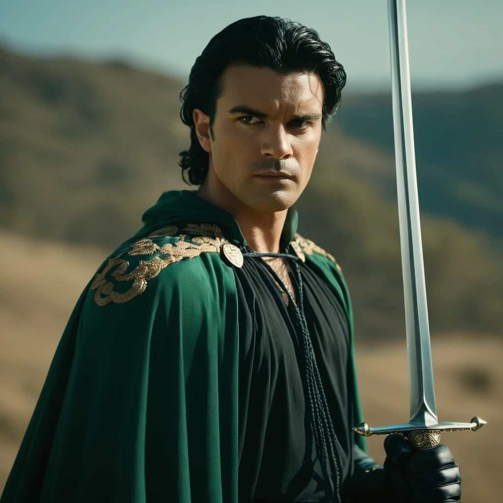 cinematic film still of  <lora:Zorro:1>
a man in a green cape and a sword,solo,black hair,gloves,1boy,holding,standing,full body,weapon,male focus,sword,cape , realistic, realism, photorealism, hyperrealism, hyperrealistic, realistic, sharp, detailed, cinematography style, film light style, movie still,  professional photography, artistic, perfection, contrast, cinematic, filmic, high quality photo,  8k quality, colorful, photography style, zorro style, shallow depth of field, vignette, highly detailed, high budget, bokeh, cinemascope, moody, epic, gorgeous, film grain, grainy