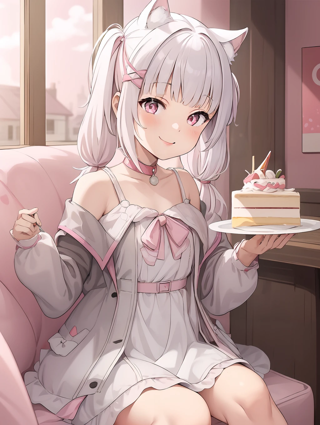 (masterpiece), 1girl, looking at viewer,   smile, sunlight, sitting, holding fork, 


restaurant, eating cake, (pov, date),

grampico, white hair, blunt bangs, short twintails,, pink hair ornaments, short animal ears, 
bare shoulders, pink collar,, (white dress), pink ribbon, grey jacket, 


 <lora:add_detail:0.4>,  <lora:GramPico:0.5>