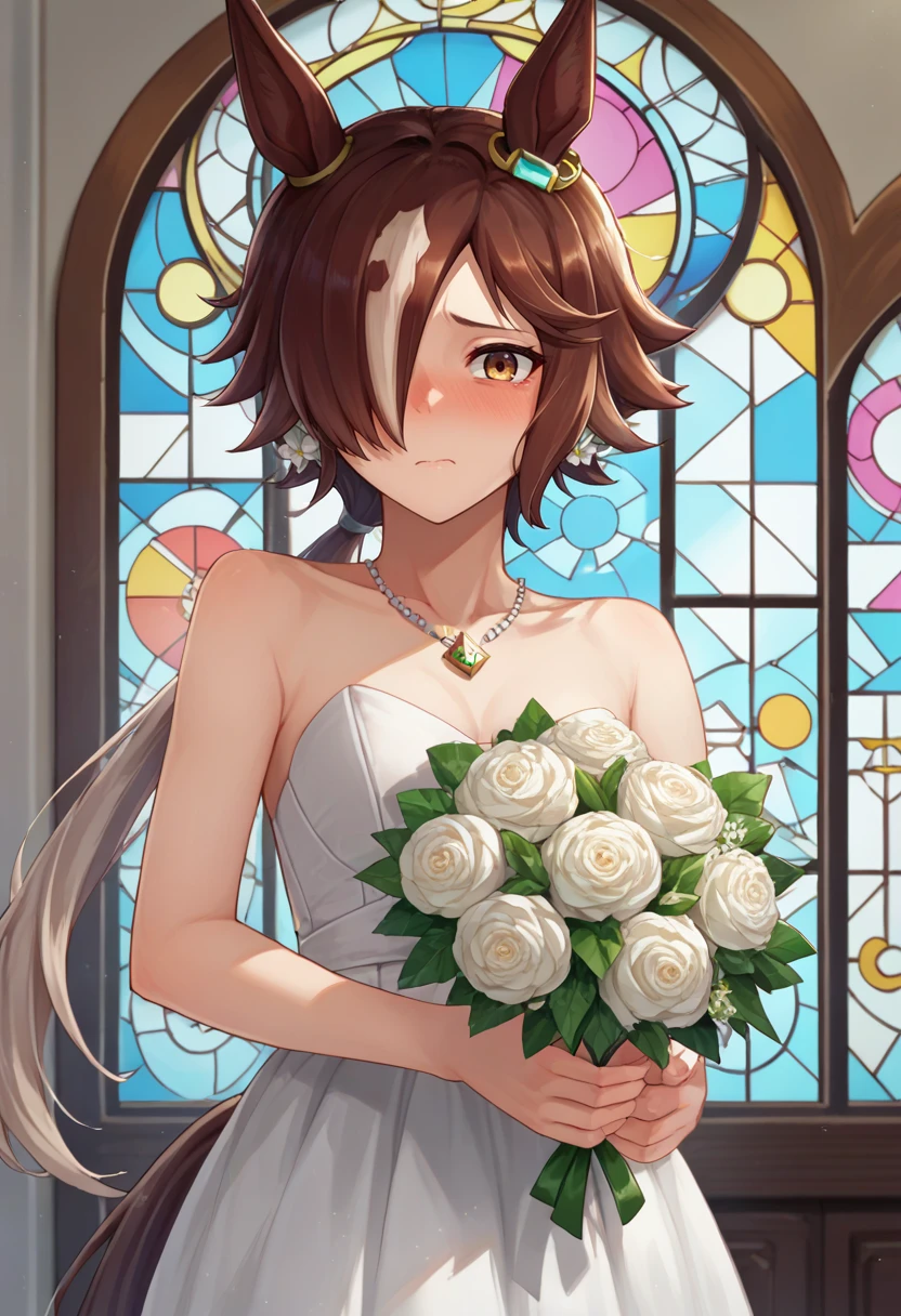 score_9, score_8_up, score_7_up, source_anime, solo, 1girl, umpdvodka, blush, embarrassed, looking at viewer, holding bouquet, hair over one eye, ponytail, animal ears, wedding gown, white dress, horse tail, indoors, stained glass <lora:umamusume_vodka_ponyXL:1>