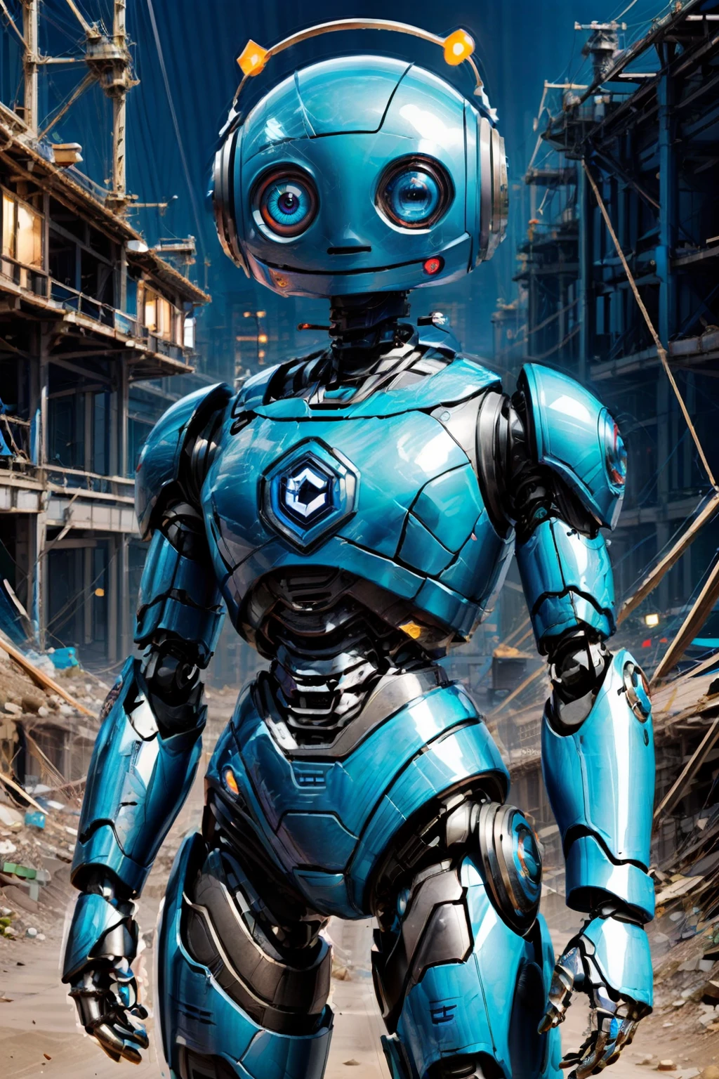 (ultra realistic,32k, masterpiece:1.2),(high detailed metal:1.1),( high quality:1.1), futuristic, sci-fi, cyberpunk,  <lora:CivBot:0.8>,  CivBot, blue eyes, simple background, white background, upper body, science fiction, blue robot, joints, straight-on, robot joints,   blooming stars, luminescent neon lights, blurry background, (looking at viewer, standing:1.1), <lora:add_detail:0.92>, (glowwave:1.1),