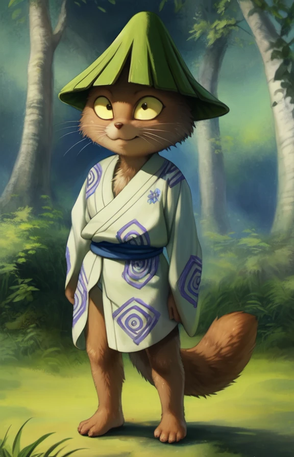 KawausoGeKi  <lora:KawausoGeKi:0.85> [road, earth, forest, trees, sky, clouds, mountains,]     kimono, green hat, blue belt, yellow eyes, brown fur, Yukata, chibi,
blue textured fur, solo,  looking at viewer, to his full height,  (beautiful, aesthetic, perfect, delicate, intricate, masterpiece, ) 
[by kenket|by totesfleisch8], by thebigslick:by silverfox5213:0.8], [by syuro, by paloma-paloma::0.2, (Tricksta, TotesFleisch8)