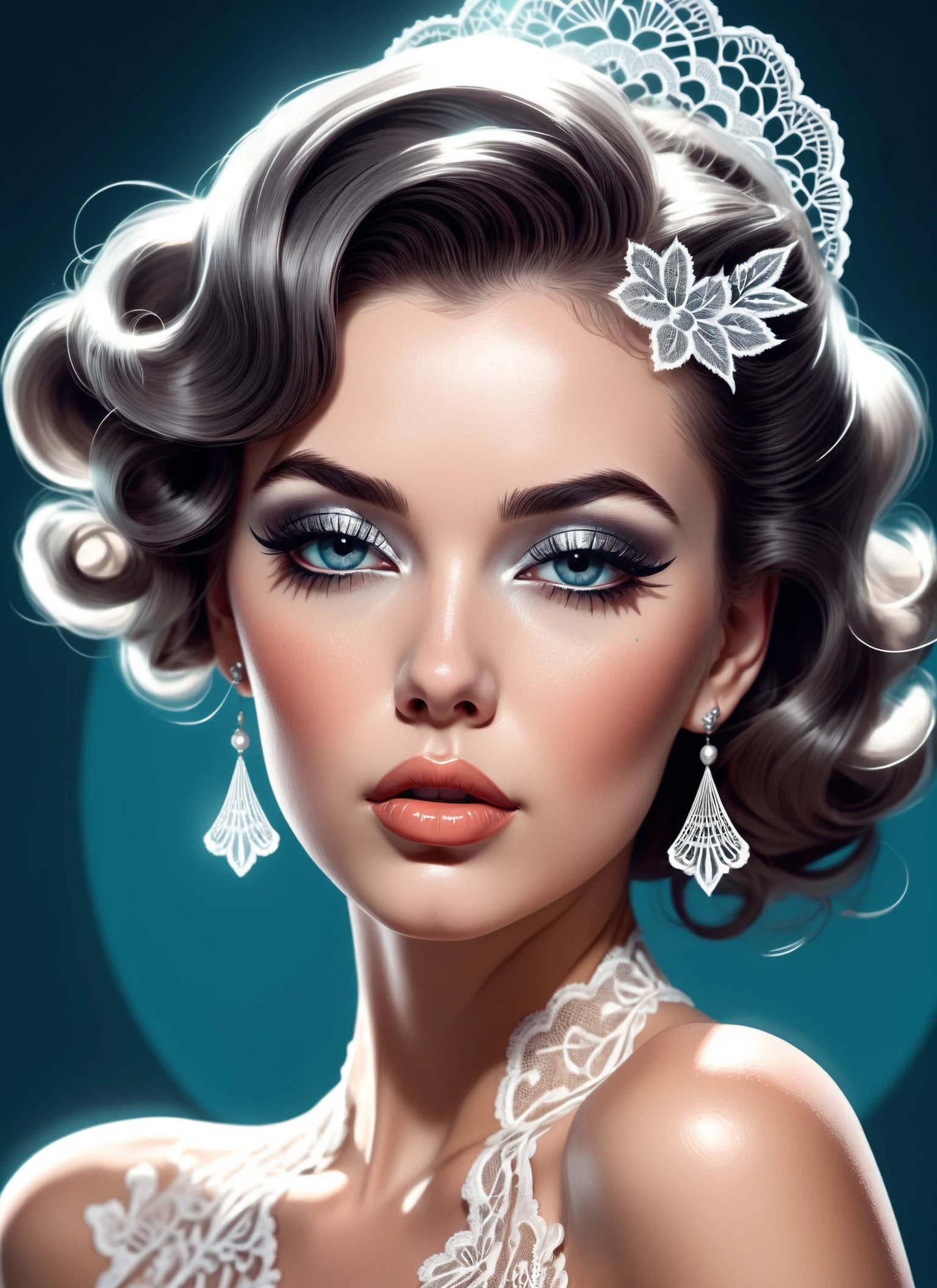 Close-up Seapunk portrait illustration, (Captivating pin-up model:1.2), Single color light sources, Radiant skin glow, Retro hairstyle, (Smoky eye makeup:1.3), Silver highlight accents, Full bust silhouette, (Vintage attire details:1.2), Intricate lace patterns, Playful pose, Enchanting expression.