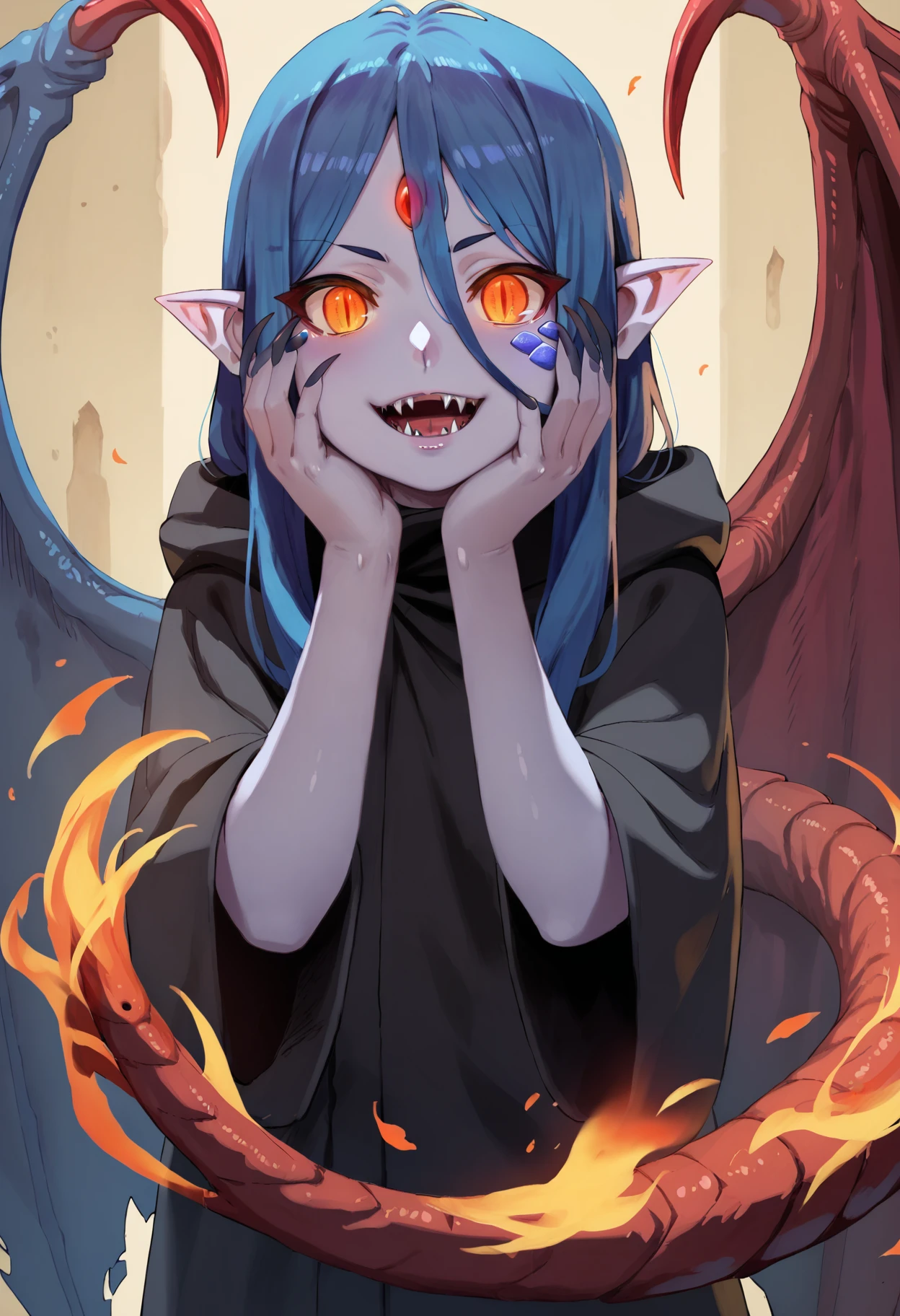 1girl, wiene, solo, slit pupils, monster girl, pointy ears, blue hair, blue skin, white skin, standing, <lora:wiene_ponyxl_v1:0.9>, black cloak, hooded cloak, claws, long claws, very long claws, teeth, fangs, glowing eyes, wings, single wing, dark, night, aura, red aura, contrast, chromatic aberration, evil laugh, hands on own face, fire, fire in the background, magical, groin
BREAK
score_9, score_8_up, score_7_up, score_6_up, anime, rating_safe, <lora:fiz-rot_pony_v3:0.4>, fizrotart, glowing eyes, (fumihiko \(fu mihi ko\):0.5), BREAK
(high quality, detailed, beautiful), shiny, detailed beautiful eyes, outstanding, countershading, detailed soft lighting