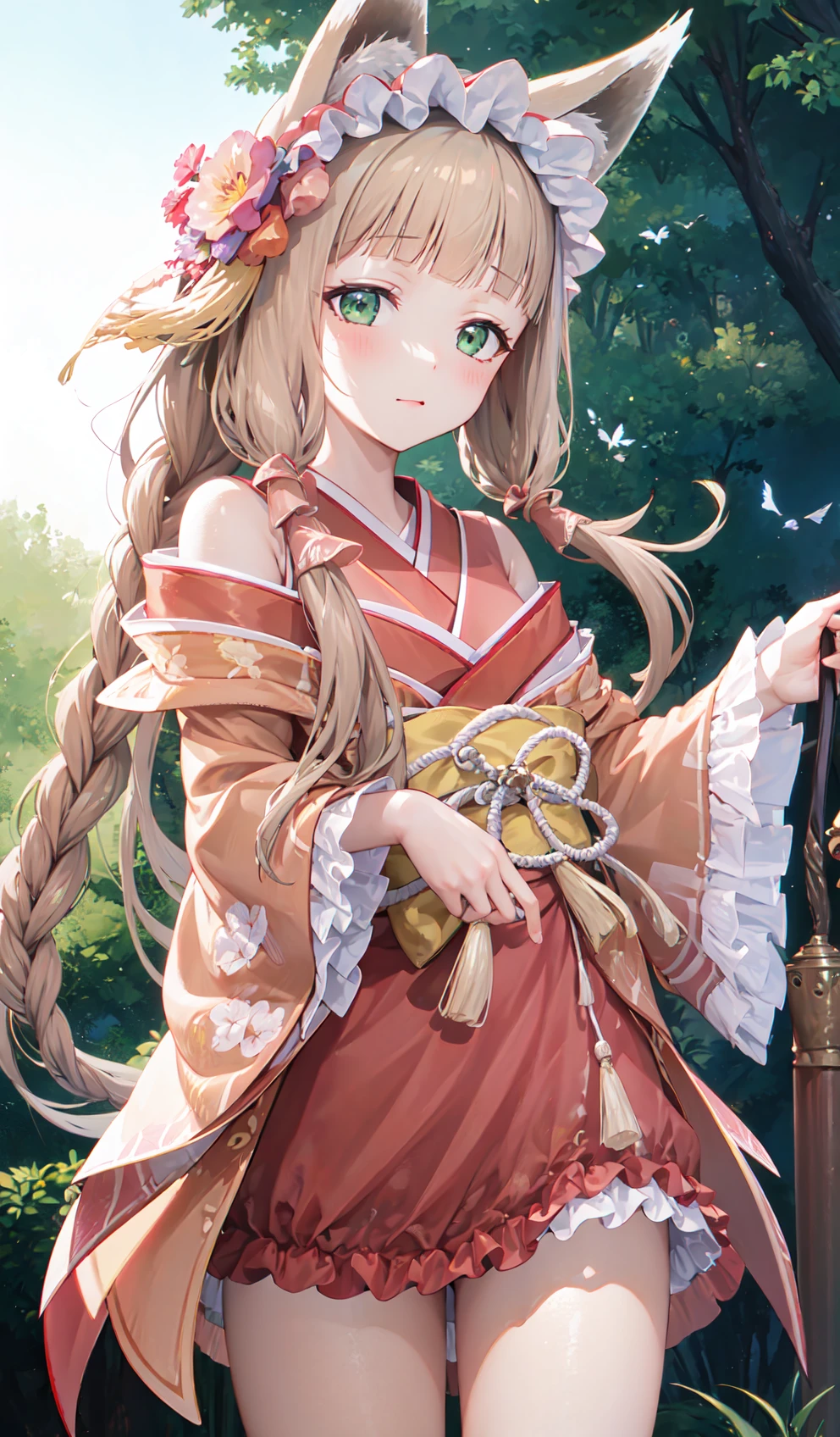 masterpiece, best quality, 1girl,cowboy shot,standing,thighs,looking at viewer,<lora:maho_PrincessConnectRedive_0407_1100-000013:1> ,maho\(princess connect!\),japanese clothes,kimono,frills,brown kimono,collar,frilled dress,frilled hairband,frilled sleeves,hair bow,hair flower,hair ornament,hair tubes,hairband,lace,lace trim,brown footwear