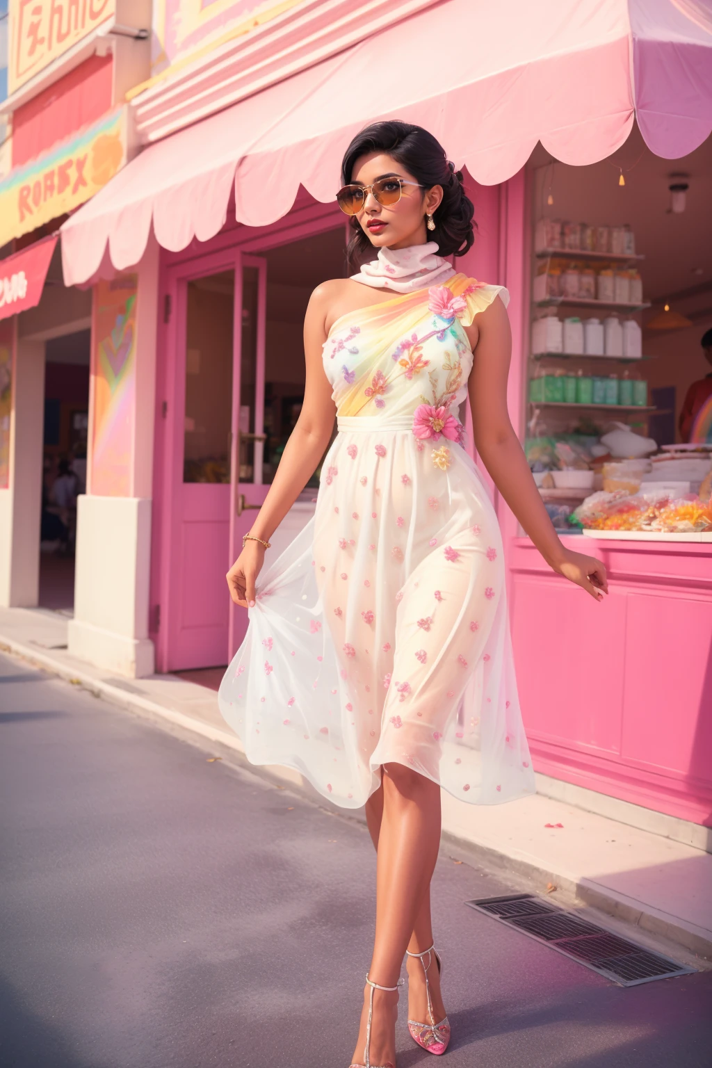 analog film photo  adult beautiful indian woman, solo, <lora:Outfit_soph-RainbowCrystalGown:0.8> dr3ss, (rainbow fashion) sundress cafe date, sunglasses,  casual and cute,((pastel floral hem cotton sundress)), high heels, collarbone, outdoor cafe, spring blossom, cheerful, vibrant colors, detailed, warm, pleasant, girl next door, 8k resolution (Fuzzy Cashmere) see-through rainbow crystal embroidery , faux turtleneck mesh:1.2,  best quality, high quality, high detail, highres, 8k,  eyeliner, eyeshadow, makeup, ((lip liner))   Monte Carlo, Monaco, Luxury Casino, Evening Glamour [dark hair] . faded film, desaturated, 35mm photo, grainy, vignette, vintage, Kodachrome, Lomography, stained, highly detailed, found footage