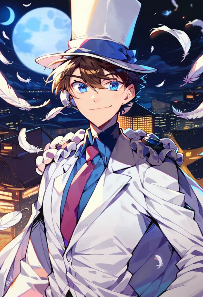 (score_9, score_8_up:1.1), score_7_up, kaito kid, 1boy, solo, brown hair, blue eyes, monocle, white top hat, purple shirt, necktie, white cape, pauldrons, smile, night, full moon, roof, feathers, cowboy shot