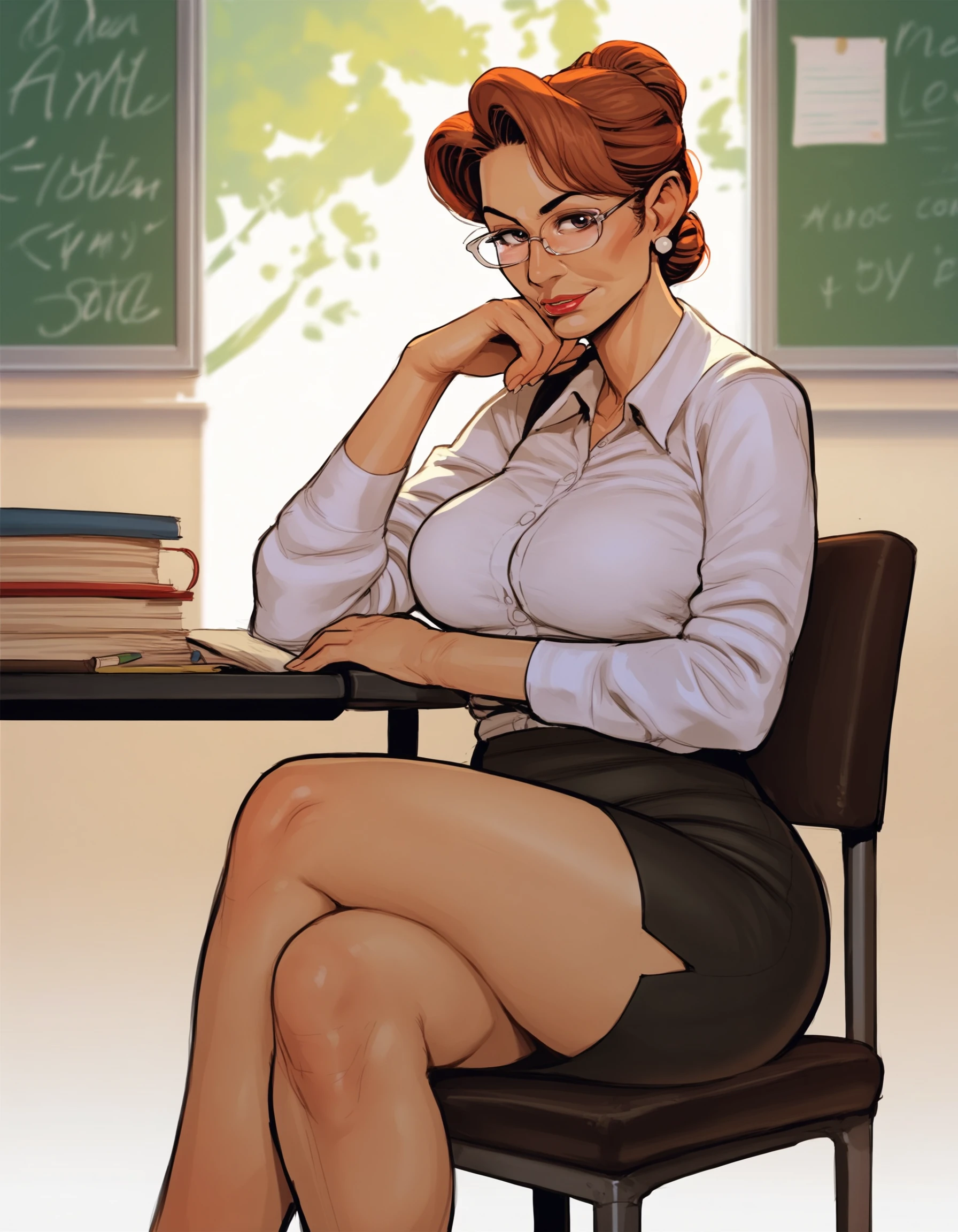 1girl, female, solo,
looking at viewer,
teacher, hair bun, glasses,
blouse, pencil skirt, crossed legs,
sitting, chair, 1960s, vintage, mature female,
BREAK
score_9, score_8_up, score_7_up, score_6_up, score_5_up, score_4_up, source_cartoon, rating_questionable,
<lora:incase_style_v3_ponyxl_ilff:1>
