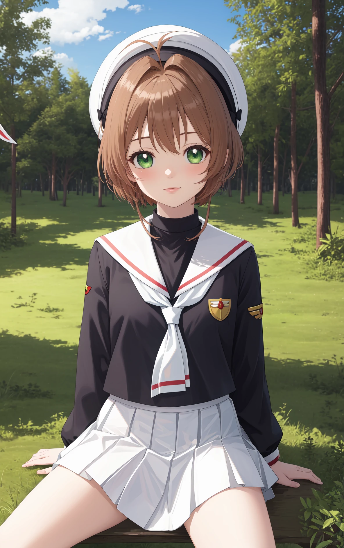 masterpiece, best quality, very aesthetic, ultra detailed, intricate details, 4k, anime style,
kinomotoai, 1girl, solo, bangs, green eyes, brown hair, short hair, antenna hair, hat, white headwear, beret,
skirt, white sailor collar, shirt, long sleeves, school uniform, pleated skirt, serafuku, sailor collar, neckerchief, black shirt, white skirt, white neckerchief, 
sitting, cowboy shot, looking at viewer, forest, outdoors, on grass, tree, sunlight, cloudy, <lora:Kinomoto:1>