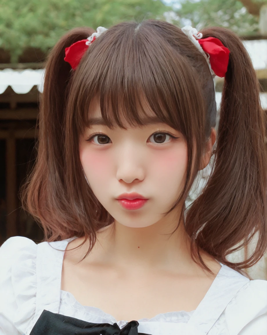 a beautiful picture of mikuKobato, detailed skin texture,masterpiece, photorealistic, woman, light, RAW color photo,(fully in frame:1.1), (blush:0.5), (goosebumps:0.5),brunette, detailed face,smiling,twintails,asian idol ,outdoors, local market, wearing a maid outfit   epiCPhoto  pouting,<lora:lookAlive-puckeredLips-v01:0.8> puckered lips,red lips, <lora:mikuKobato3:1>