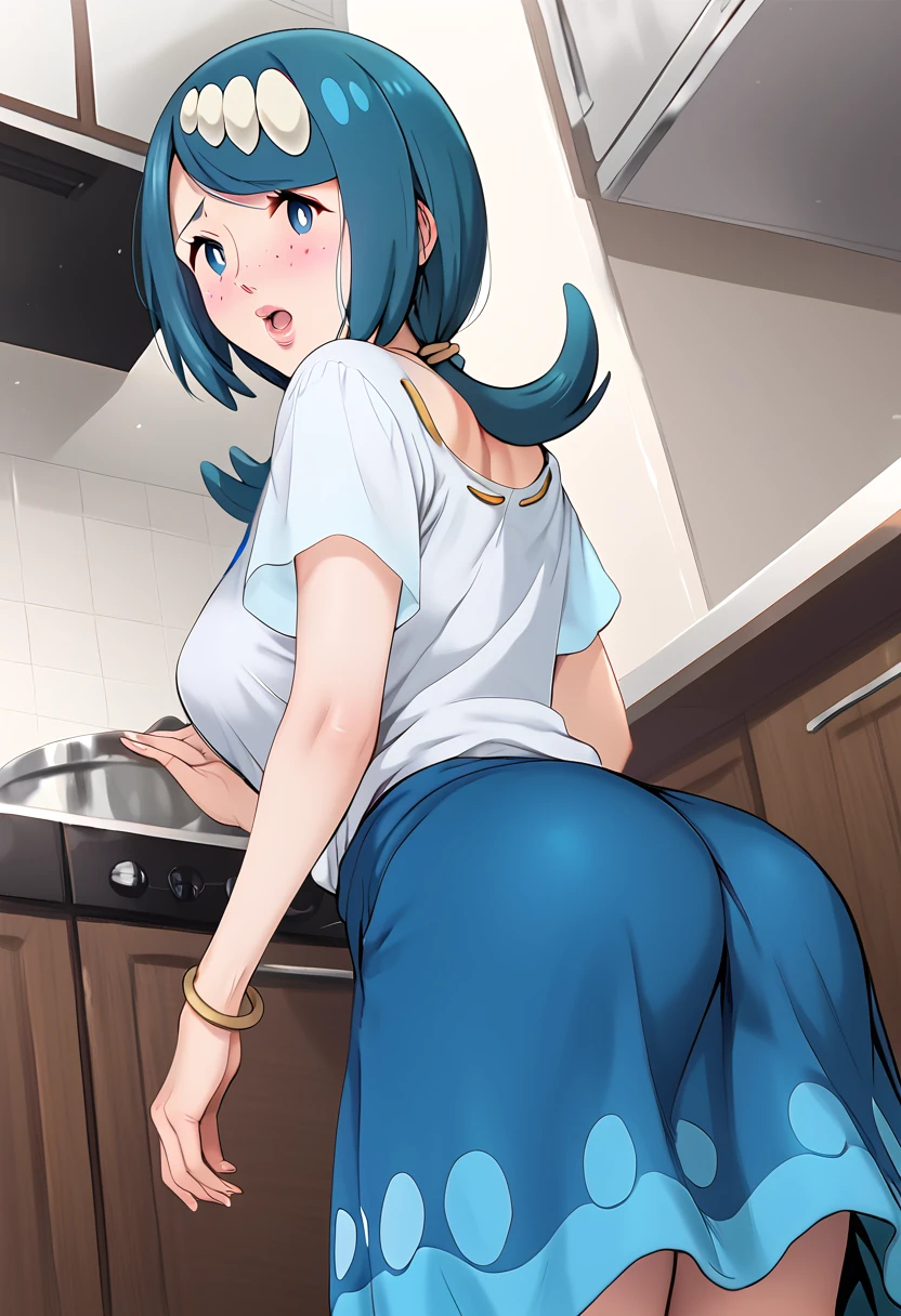 (Masterpiece), Best Quality, ultra-detailed, perfect hands, Delicate eye expression, 1girl (rinko_iori, Sexy, A voluptuous and sexy body, Big and pretty breasts, naked body, dark blue hair, long hair, blue eyes(empty eye)),open mouth,red lipstick, solo, nude, In the kitchen, standing, naked apron, undressing ,full body,  provocative pose,wicked smile, Sexy waist teasing,flirting, come-on,Looking Back