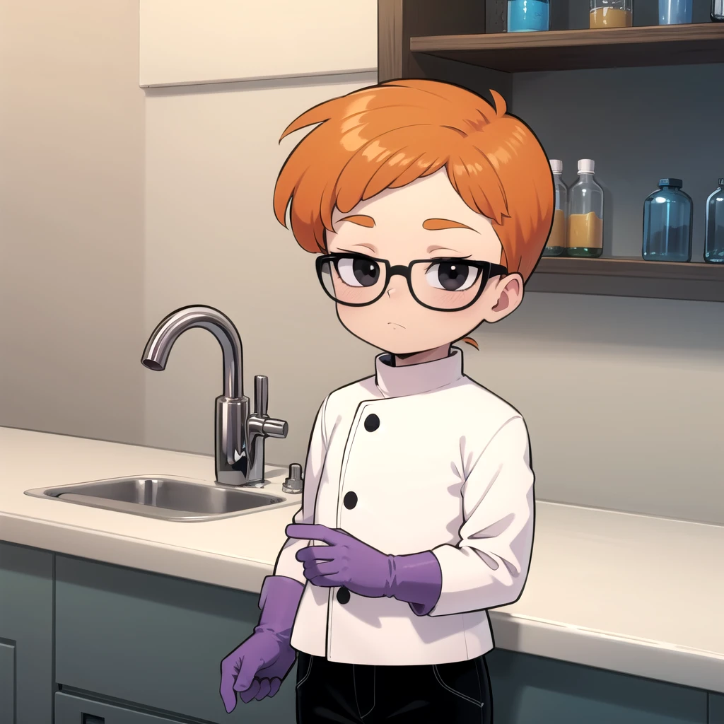 1boy, solo, Dexter,  orange hair, black eyes, glasses, white coat ,  black pants, purple gloves ,child,     <lora:Dexter_DexterLab_Leaf2:0.6>, looking at viewer,  laboratory,