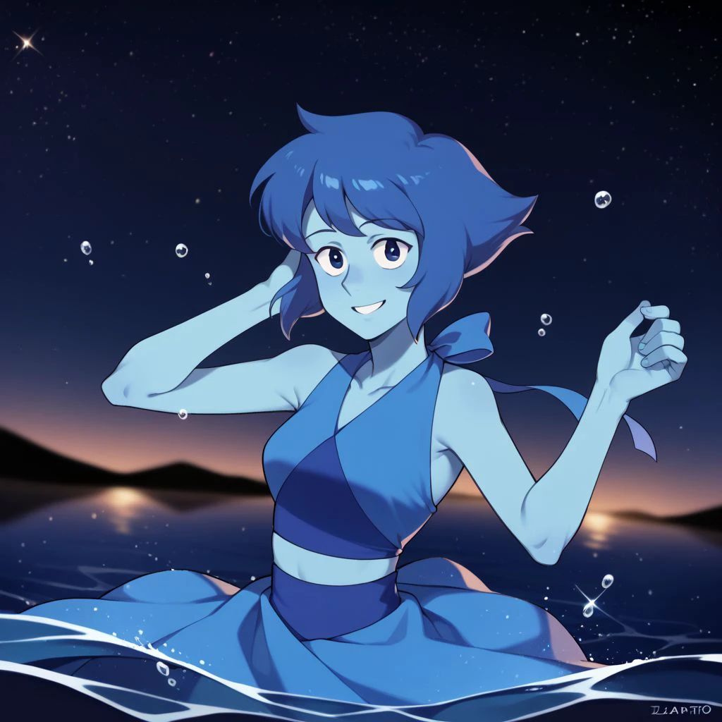 lapis_lazuli_lora lapis_sfw sfw, 1girl, blue hair, lapis lazuli \(steven universe\), steven universe, rating_safe, smile, memento photo, happy wholesome, INFP, introvert creative individualistic, perfect hands, outdoors, solo, looking at viewer, breasts, slim slender, blue skin, colored skin,source_anime, night, color stars,blurred background, stars in the background, blue stars, smile, water in the air, water drops, water drops reflect light, magical,anime, score_9, score_8_up, score_7_up, score_6_up,